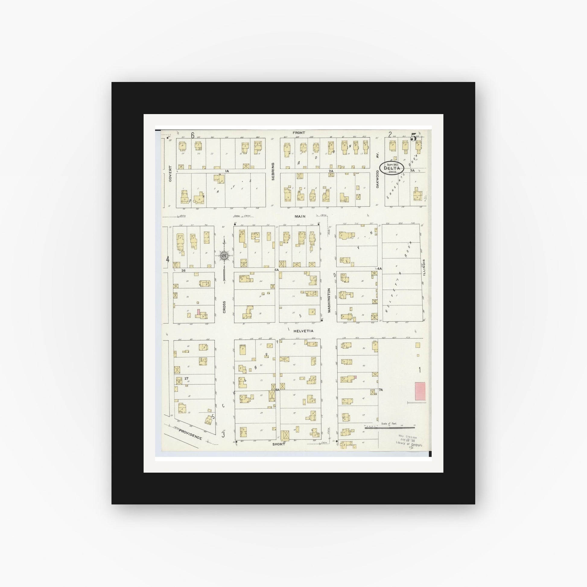 Old map wall art mockup — black gallery frame with white mat — Sanborn Fire Insurance Map from Delta, Fulton County, Ohio (1905), Sheet #0009