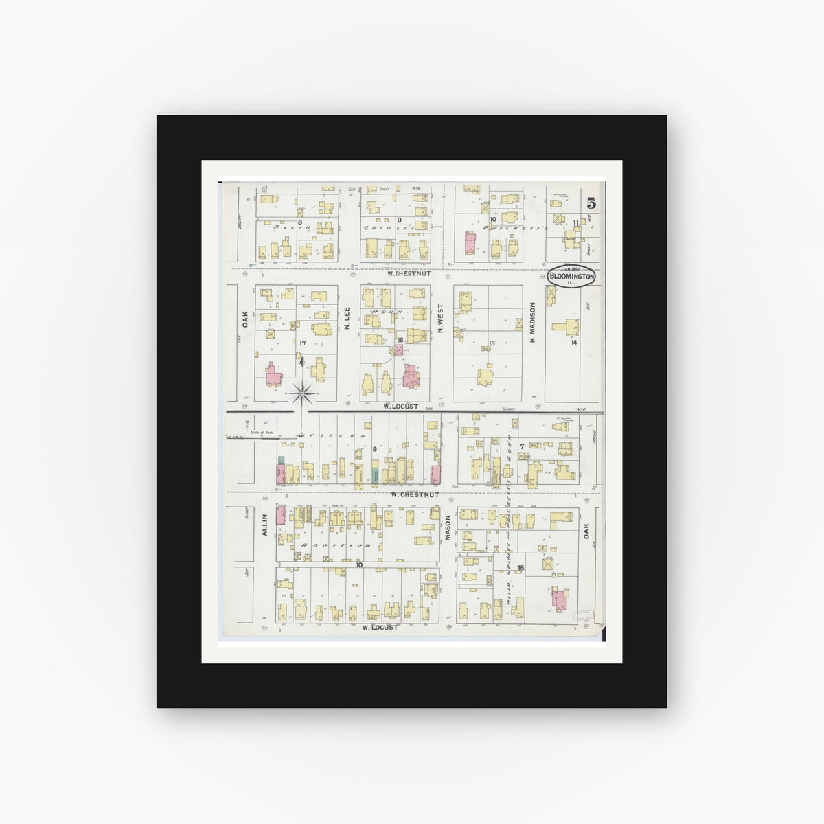 Old map wall art mockup — black gallery frame with white mat — Sanborn Fire Insurance Map from Bloomington, McLean County, Illinois (1892), Sheet #0005