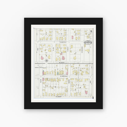 Old map wall art mockup — black gallery frame with white mat — Sanborn Fire Insurance Map from Bloomington, McLean County, Illinois (1892), Sheet #0005