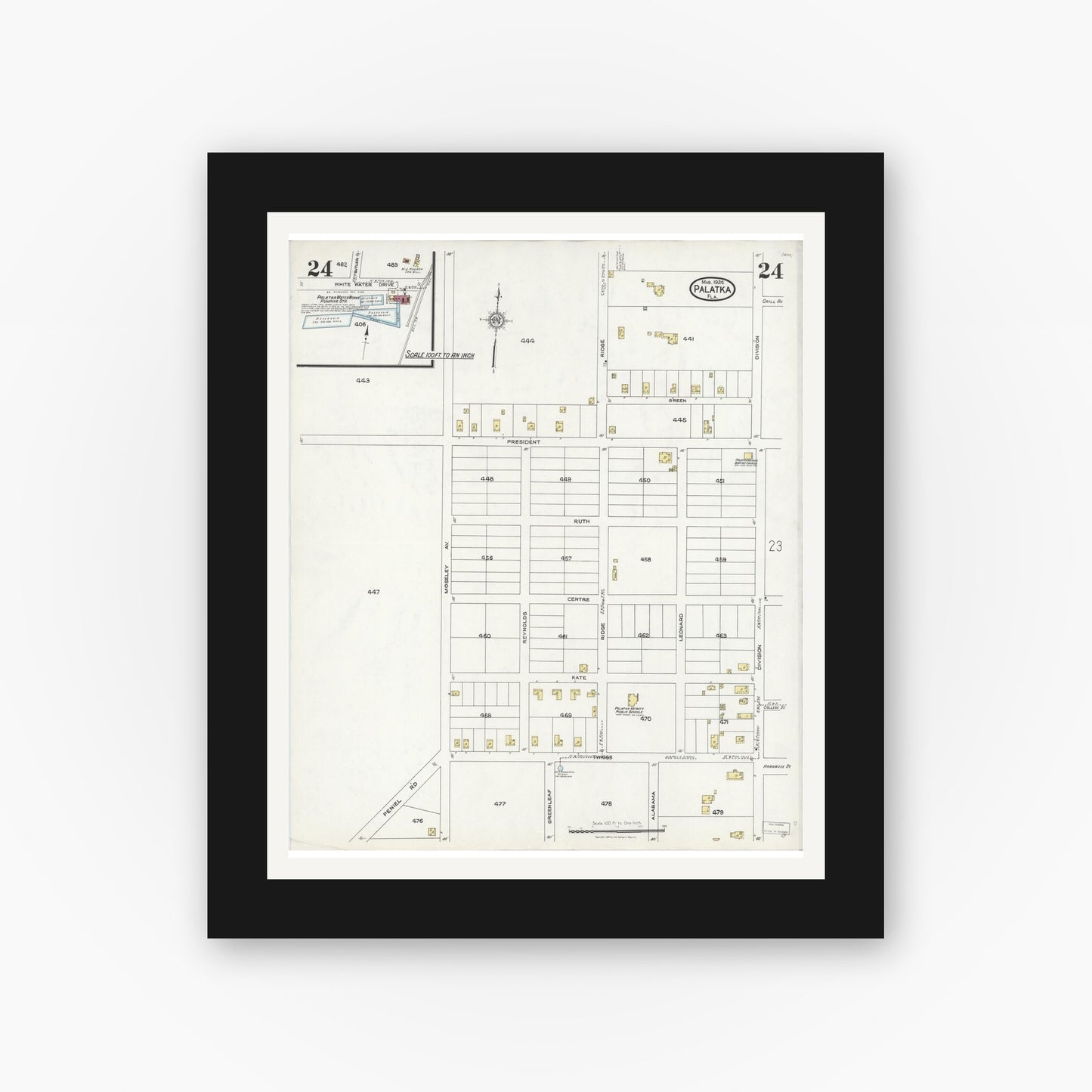 Old map wall art mockup — black gallery frame with white mat — Sanborn Fire Insurance Map from Palatka, Putnam County, Florida (1924), Sheet #0024