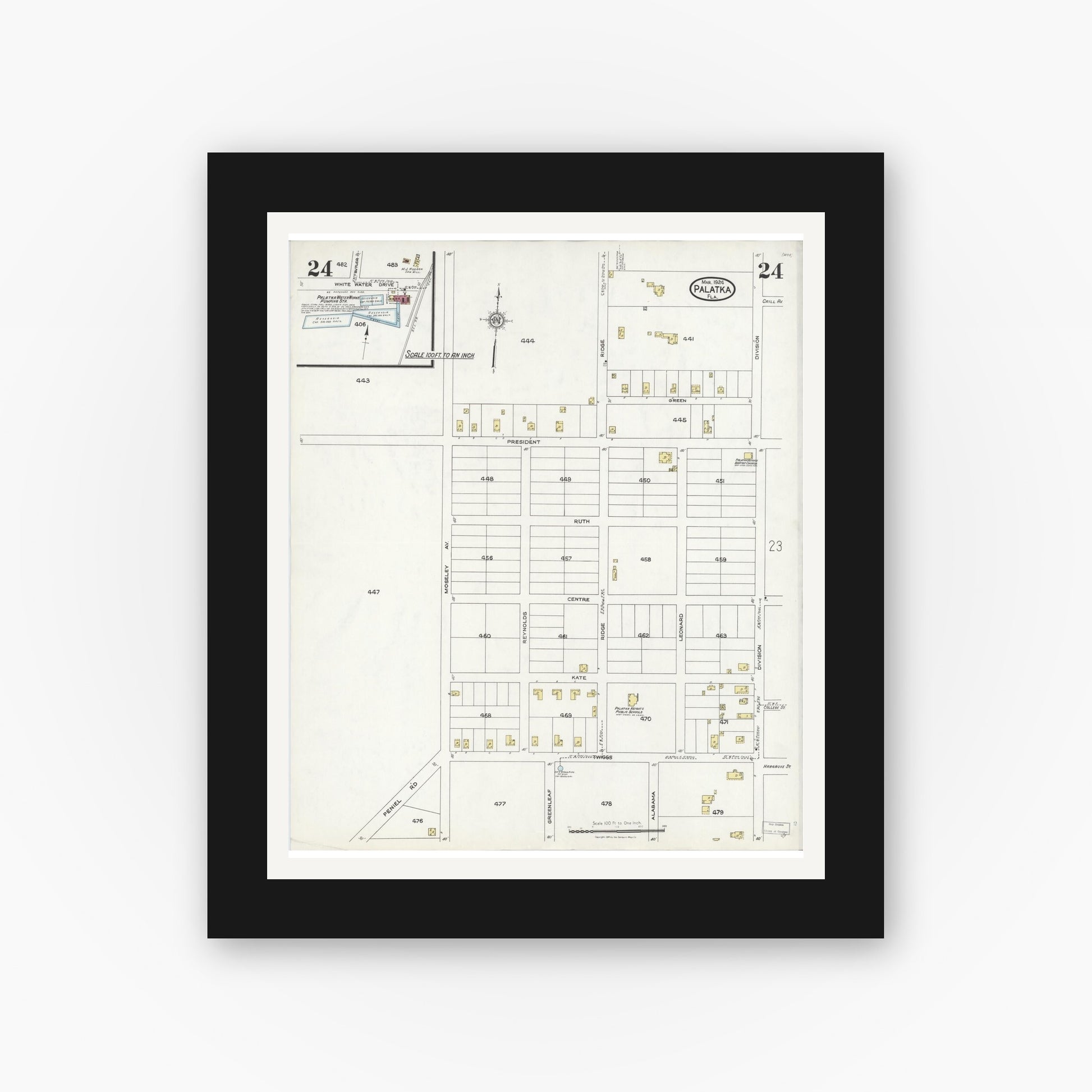 Old map wall art mockup — black gallery frame with white mat — Sanborn Fire Insurance Map from Palatka, Putnam County, Florida (1924), Sheet #0024