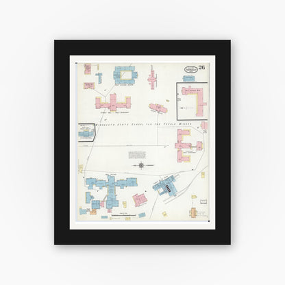 Old map wall art mockup — black gallery frame with white mat — Sanborn Fire Insurance Map from Faribault, Rice County, Minnesota (1914), Sheet #0026