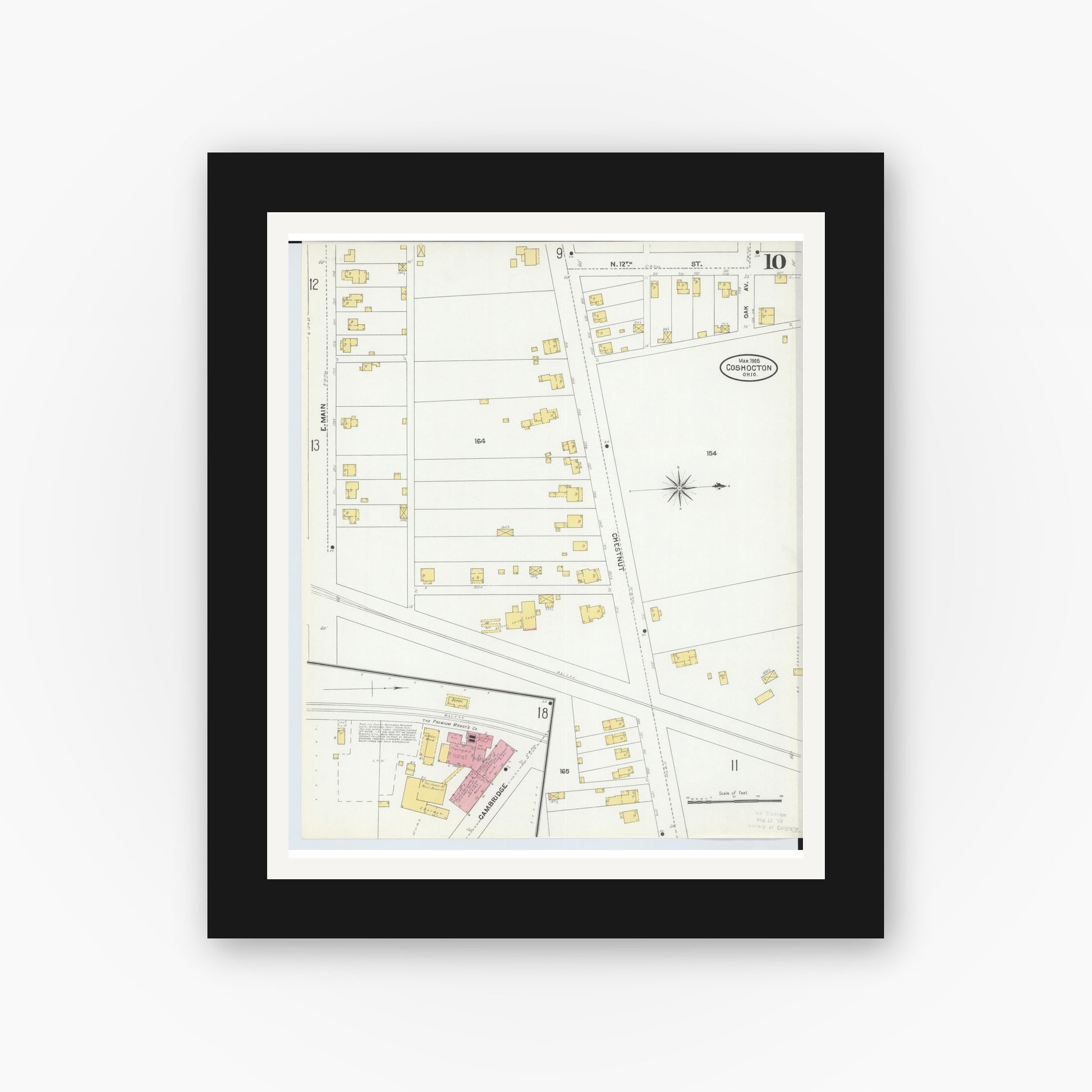 Old map wall art mockup — black gallery frame with white mat — Sanborn Fire Insurance Map from Coshocton, Coshocton County, Ohio (1905), Sheet #0010