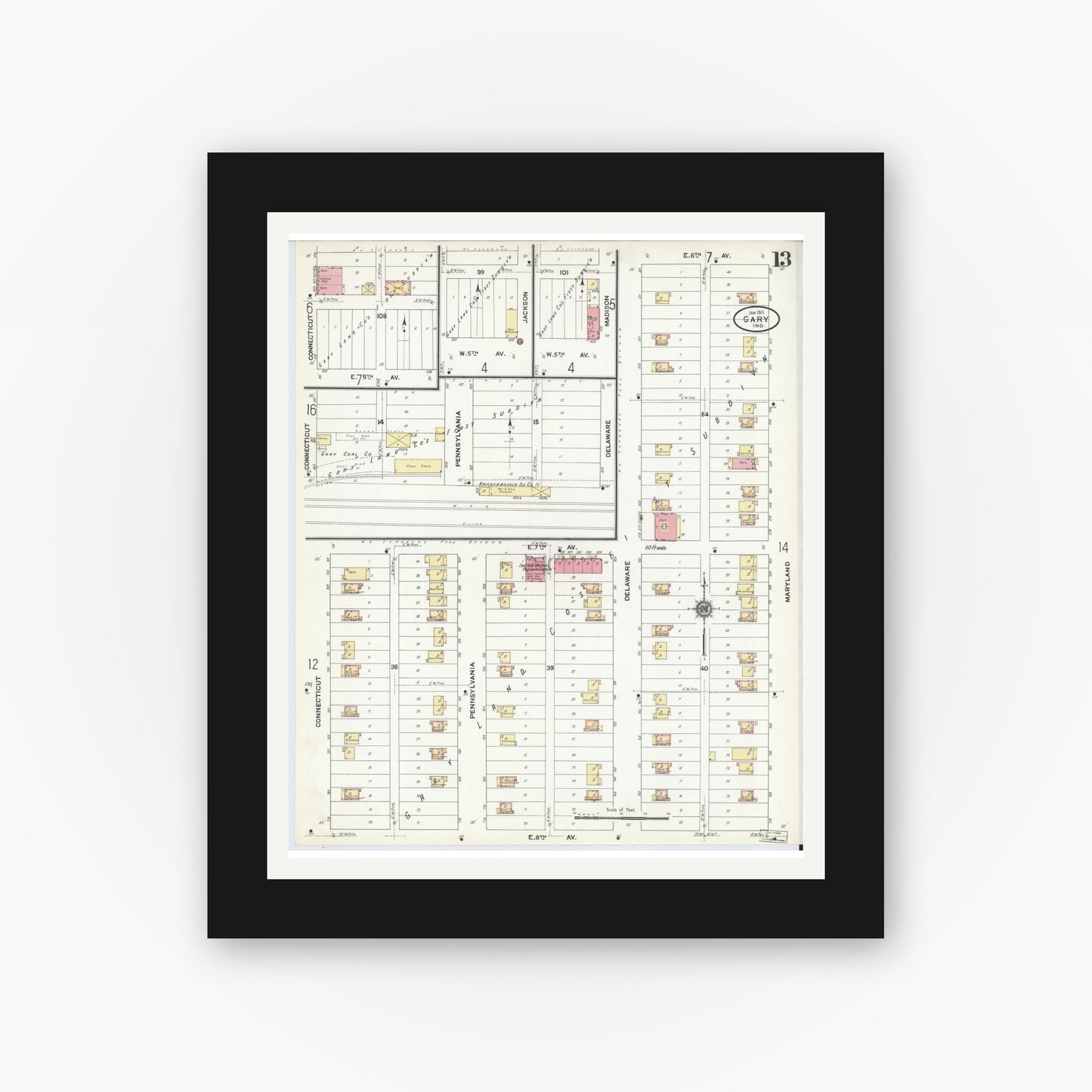 Old map wall art mockup — black gallery frame with white mat — Sanborn Fire Insurance Map from Gary, Lake County, Indiana (1911), Sheet #0013