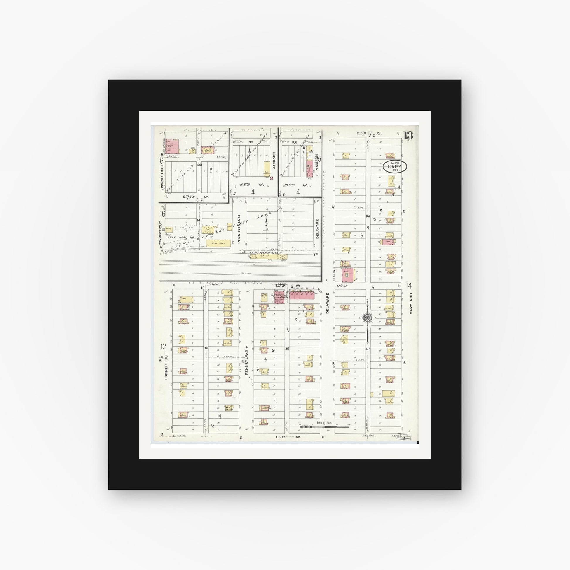 Old map wall art mockup — black gallery frame with white mat — Sanborn Fire Insurance Map from Gary, Lake County, Indiana (1911), Sheet #0013