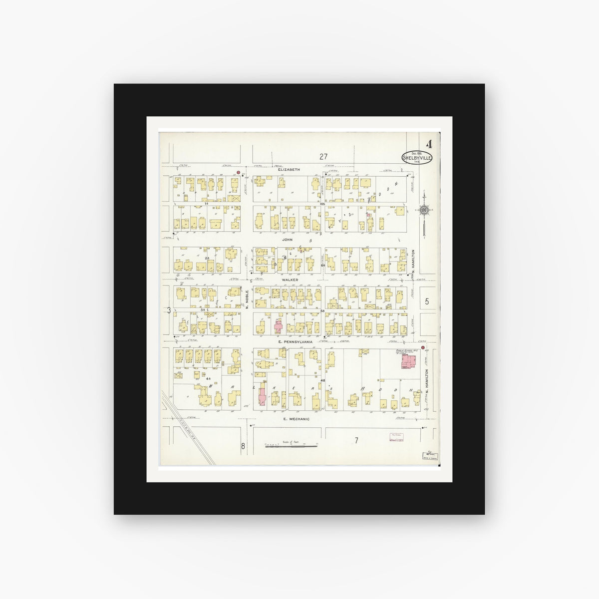 Old map wall art mockup — black gallery frame with white mat — Sanborn Fire Insurance Map from Shelbyville, Shelby County, Indiana (1910), Sheet #0004