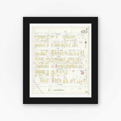 Old map wall art mockup — black gallery frame with white mat — Sanborn Fire Insurance Map from Shelbyville, Shelby County, Indiana (1910), Sheet #0004