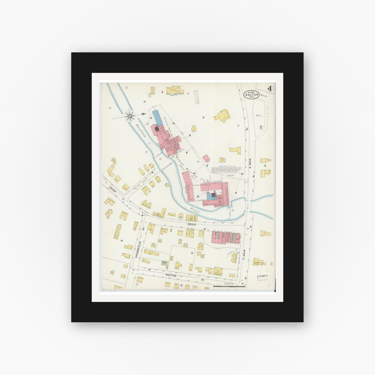 Old map wall art mockup — black gallery frame with white mat — Sanborn Fire Insurance Map from Dalton, Berkshire County, Massachusetts (1898), Sheet #0004