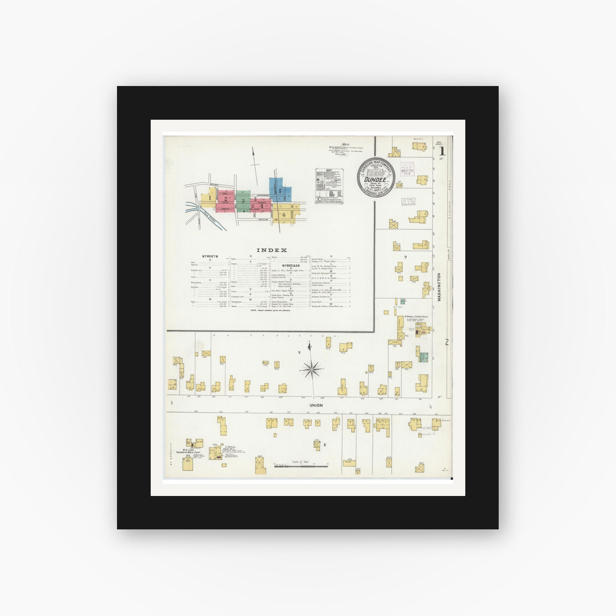 Old map wall art mockup — black gallery frame with white mat — Sanborn Fire Insurance Map from Dundee, Yates County, New York (1904), Sheet #0001