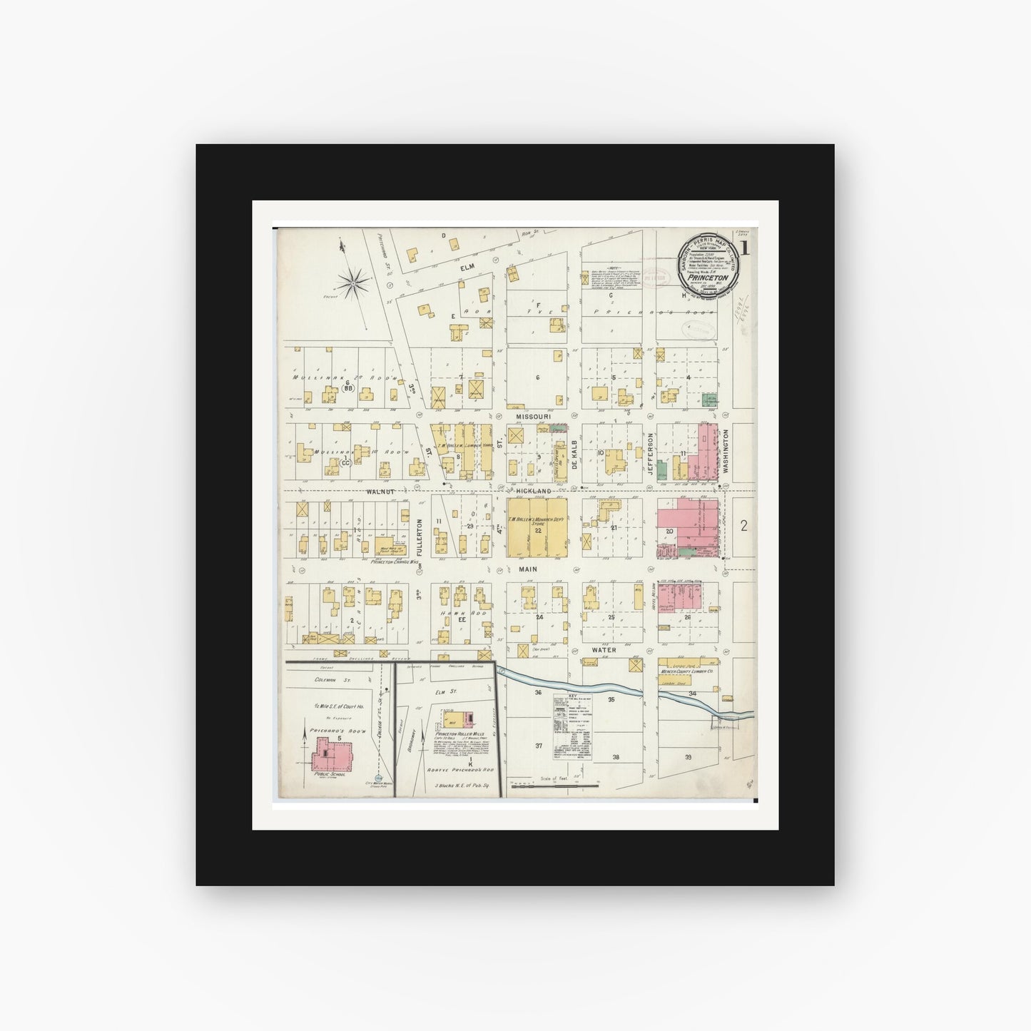 Old map wall art mockup — black gallery frame with white mat — Sanborn Fire Insurance Map from Princeton, Mercer County, Missouri (1898), Sheet #0001