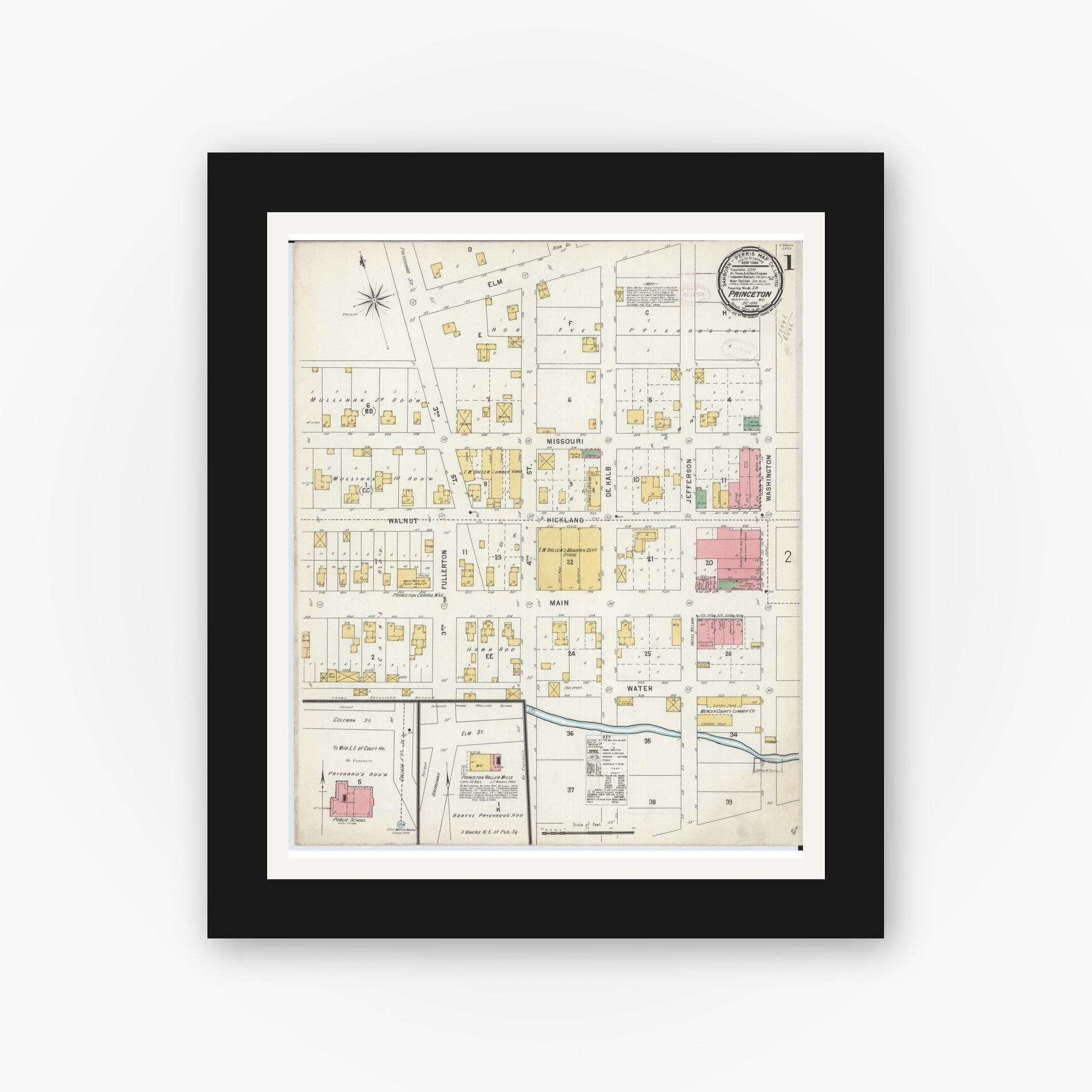 Old map wall art mockup — black gallery frame with white mat — Sanborn Fire Insurance Map from Princeton, Mercer County, Missouri (1898), Sheet #0001