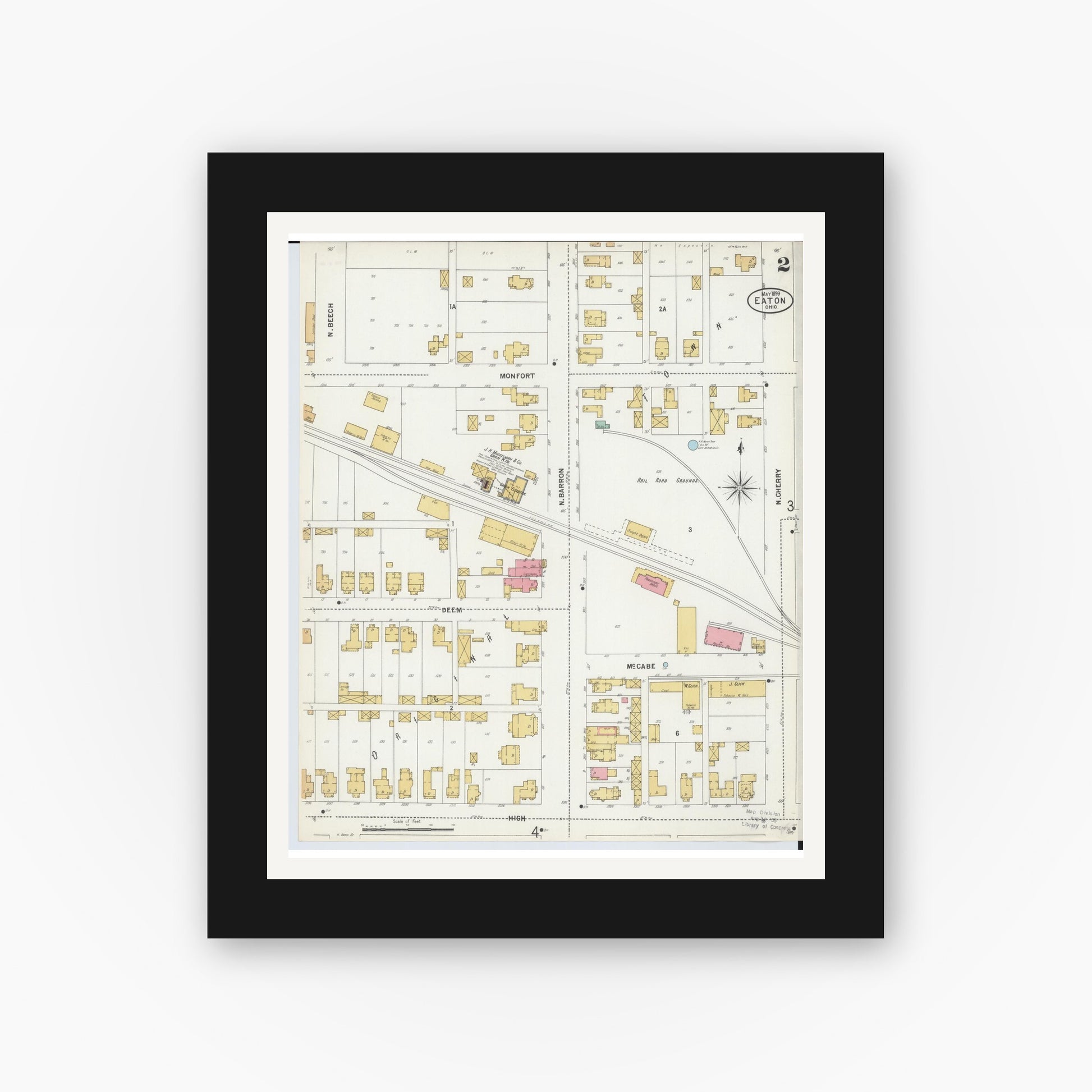 Old map wall art mockup — black gallery frame with white mat — Sanborn Fire Insurance Map from Eaton, Preble County, Ohio (1899), Sheet #0002