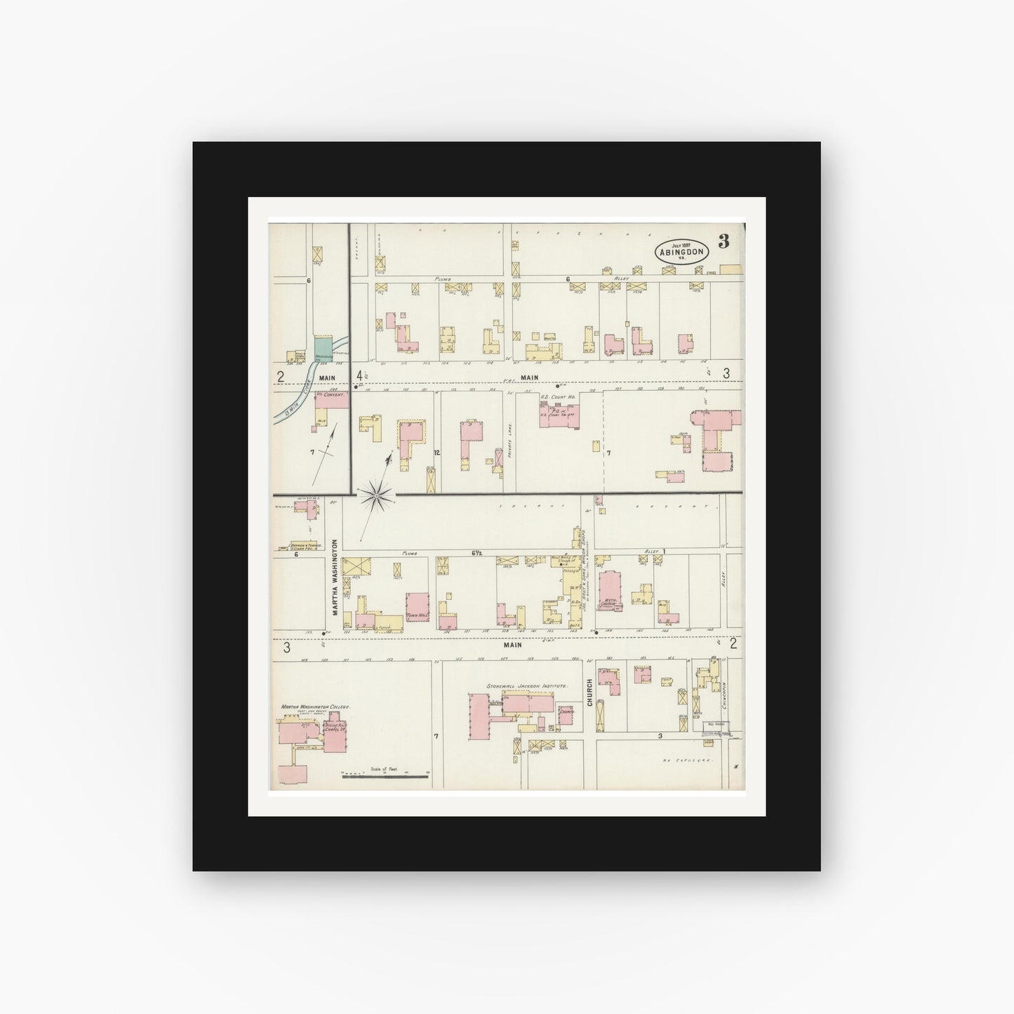 Old map wall art mockup — black gallery frame with white mat — Sanborn Fire Insurance Map from Abingdon, Washington County, Virginia (1897), Sheet #0003