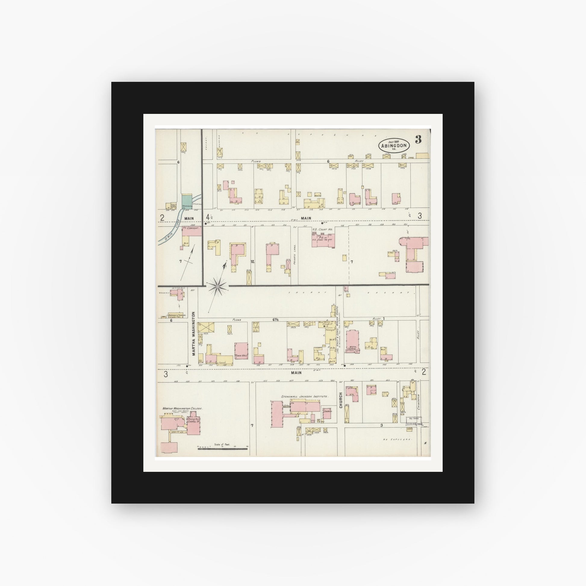 Old map wall art mockup — black gallery frame with white mat — Sanborn Fire Insurance Map from Abingdon, Washington County, Virginia (1897), Sheet #0003