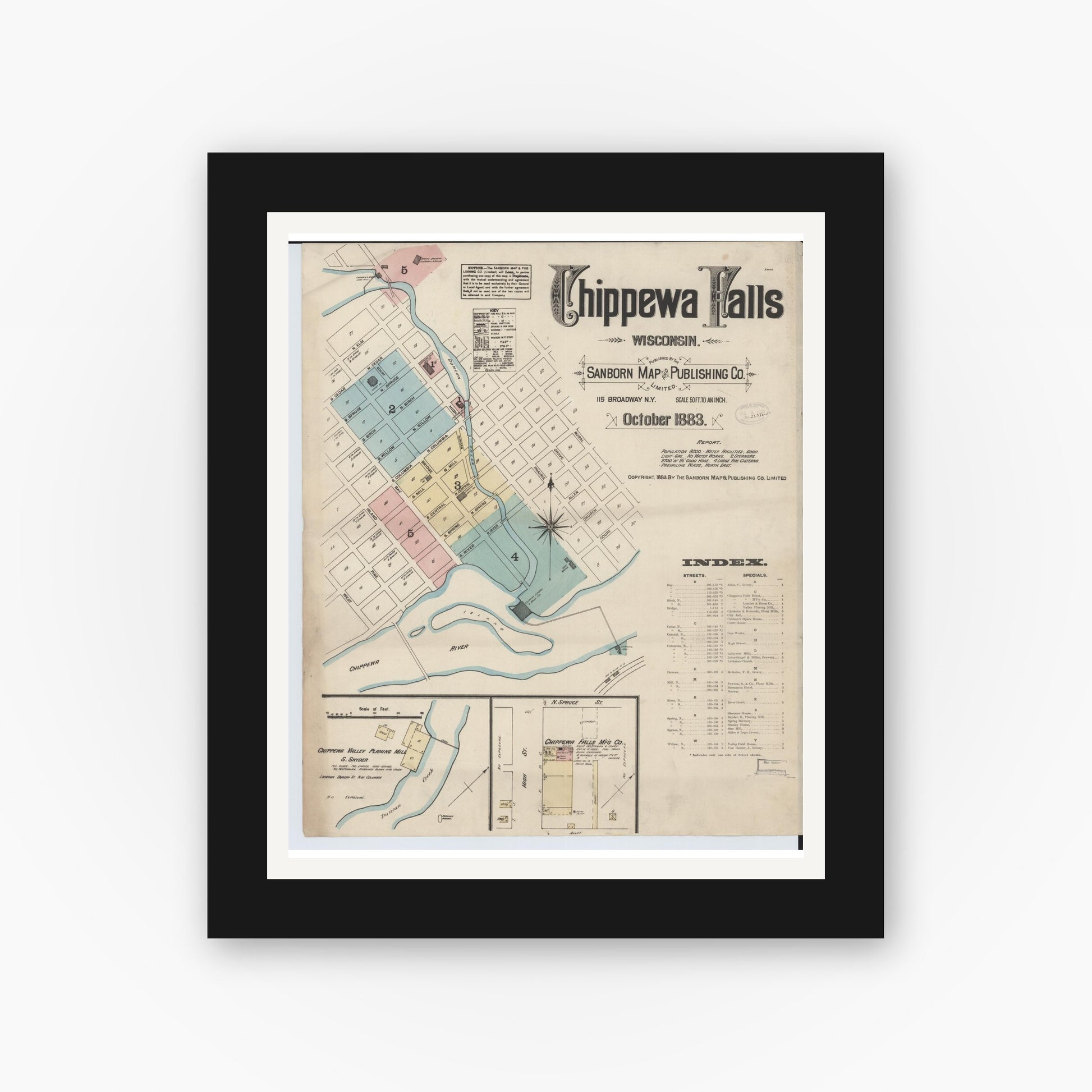 Old map wall art mockup — black gallery frame with white mat — Sanborn Fire Insurance Map from Chippewa Falls, Chippewa County, Wisconsin (1883) - Complete Map Set