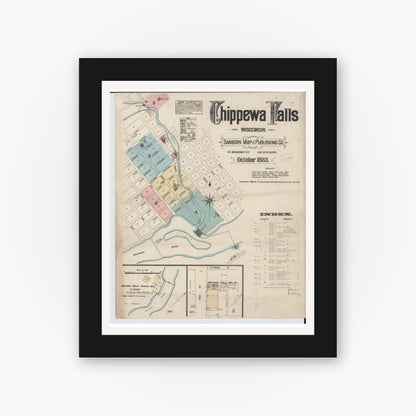 Old map wall art mockup — black gallery frame with white mat — Sanborn Fire Insurance Map from Chippewa Falls, Chippewa County, Wisconsin (1883) - Complete Map Set