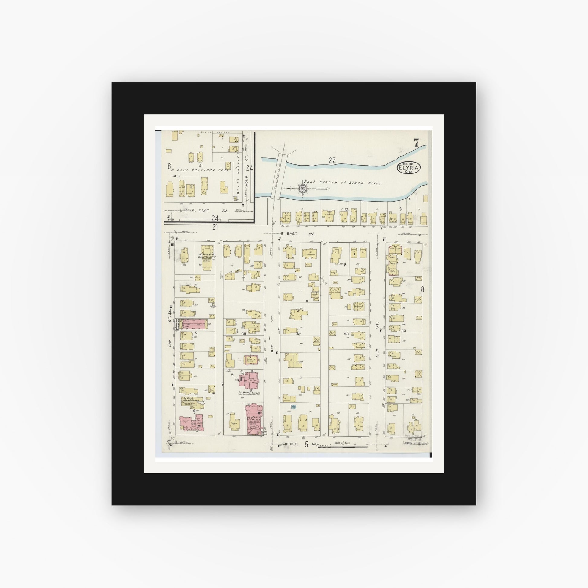 Old map wall art mockup — black gallery frame with white mat — Sanborn Fire Insurance Map from Elyria, Lorain County, Ohio (1915), Sheet #0007