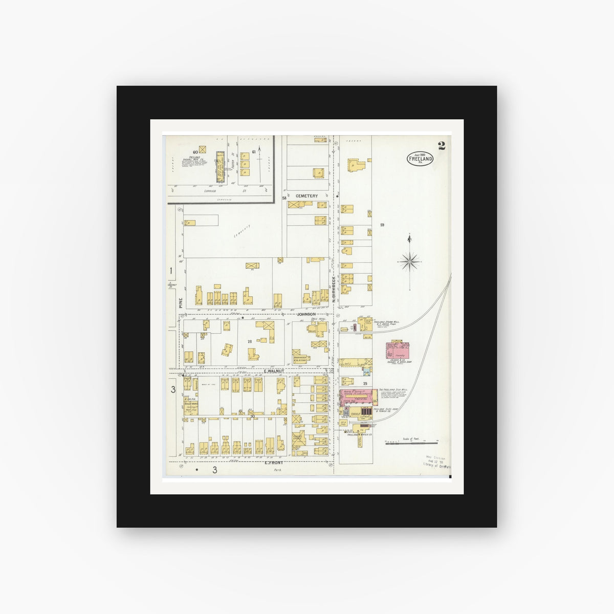 Old map wall art mockup — black gallery frame with white mat — Sanborn Fire Insurance Map from Freeland, Luzerne County, Pennsylvania (1900), Sheet #0002