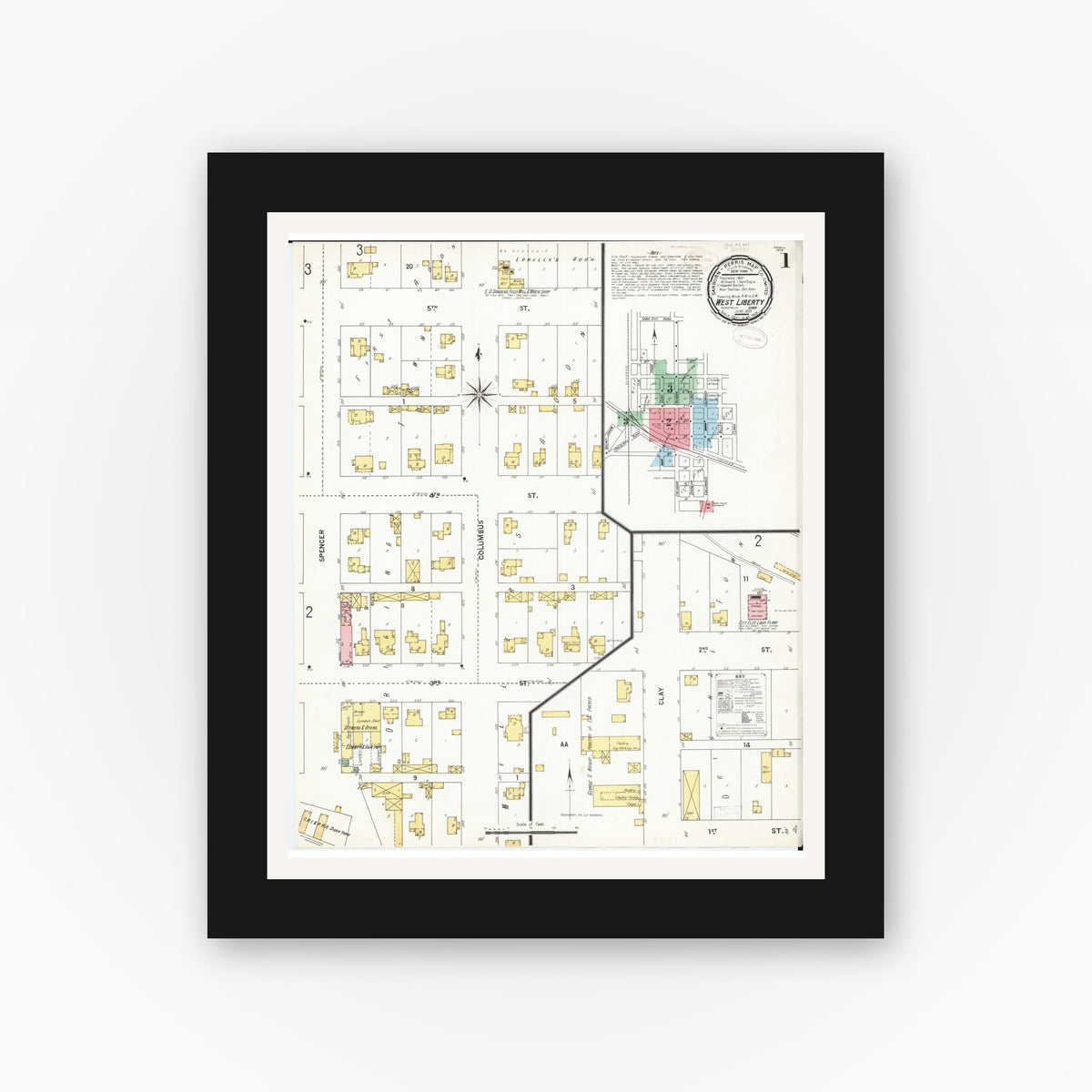 Old map wall art mockup — black gallery frame with white mat — Sanborn Fire Insurance Map from West Liberty, Muscatine County, Iowa (1899) â€” Complete Set