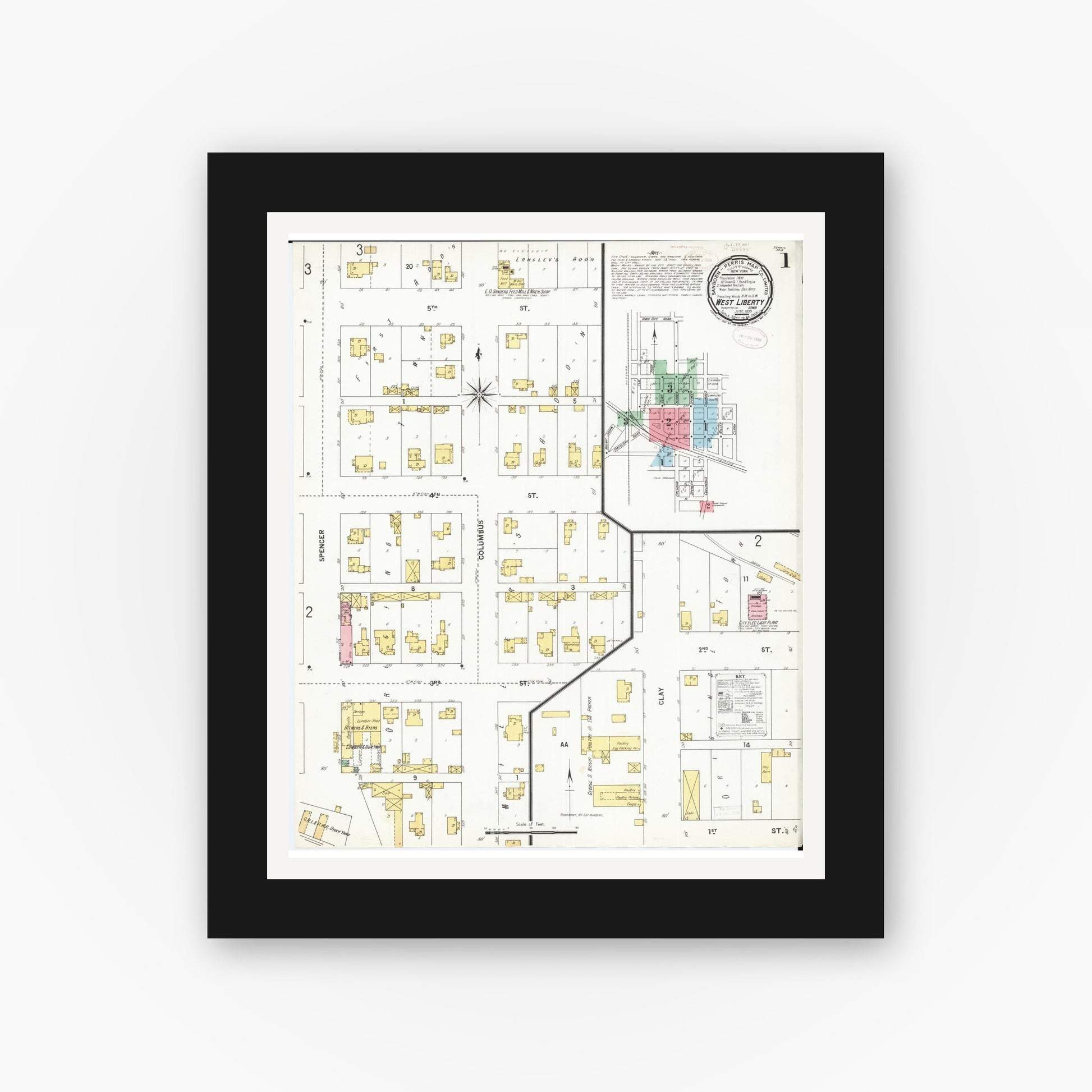 Old map wall art mockup — black gallery frame with white mat — Sanborn Fire Insurance Map from West Liberty, Muscatine County, Iowa (1899) â€” Complete Set