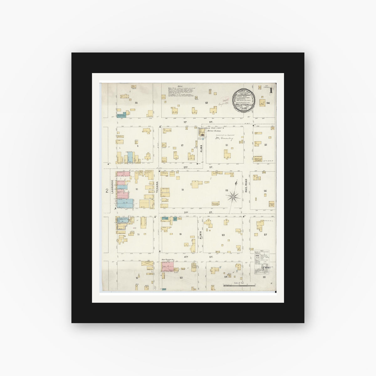 Old map wall art mockup — black gallery frame with white mat — Sanborn Fire Insurance Map from Hallettsville, Lavaca County, Texas (1896) - Complete Map Set