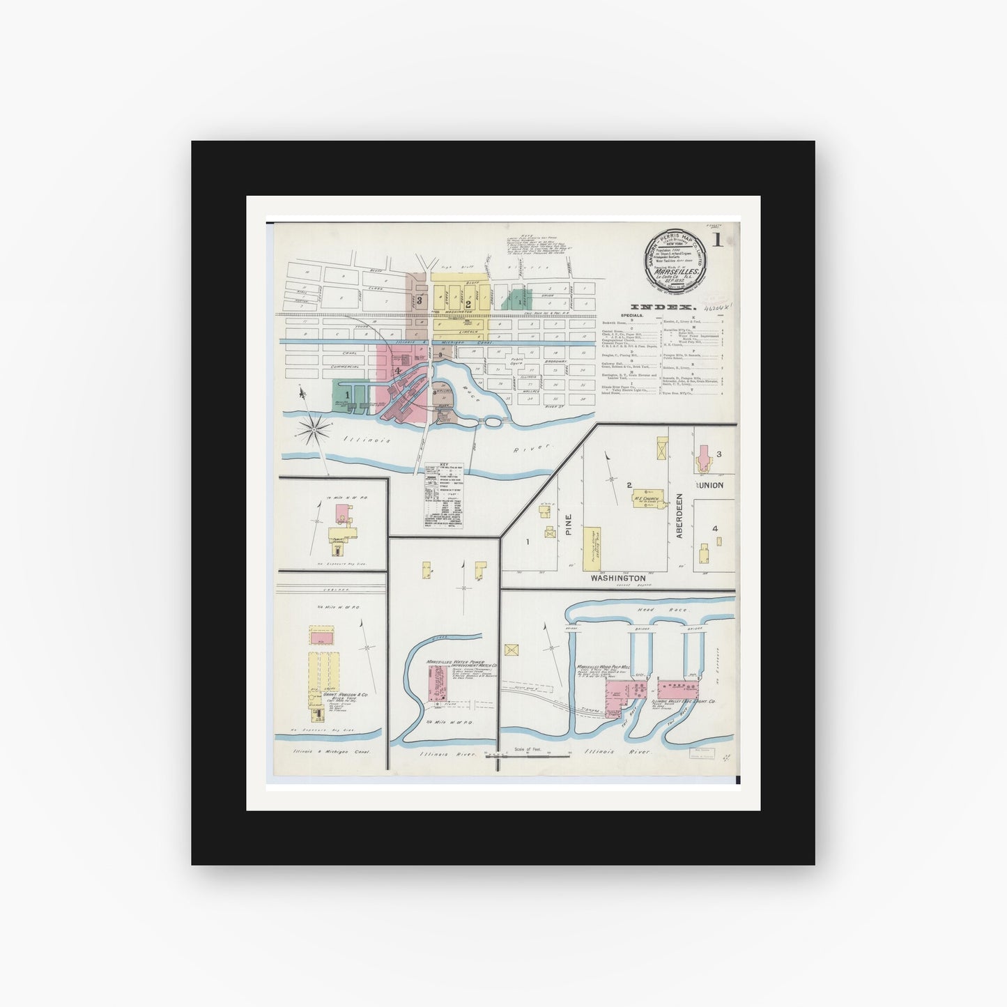 Old map wall art mockup — black gallery frame with white mat — Sanborn Fire Insurance Map from Marseilles, La Salle County, Illinois (1892), Sheet #0001