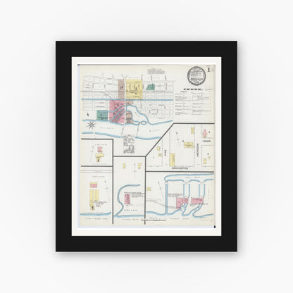 Old map wall art mockup — black gallery frame with white mat — Sanborn Fire Insurance Map from Marseilles, La Salle County, Illinois (1892), Sheet #0001