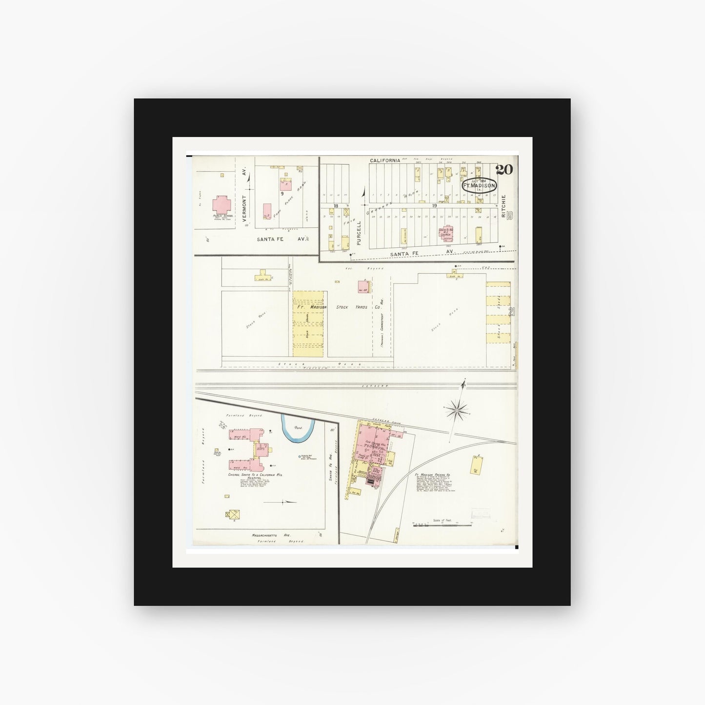 Old map wall art mockup — black gallery frame with white mat — Sanborn Fire Insurance Map from Fort Madison, Lee County, Iowa (1894), Sheet #0020