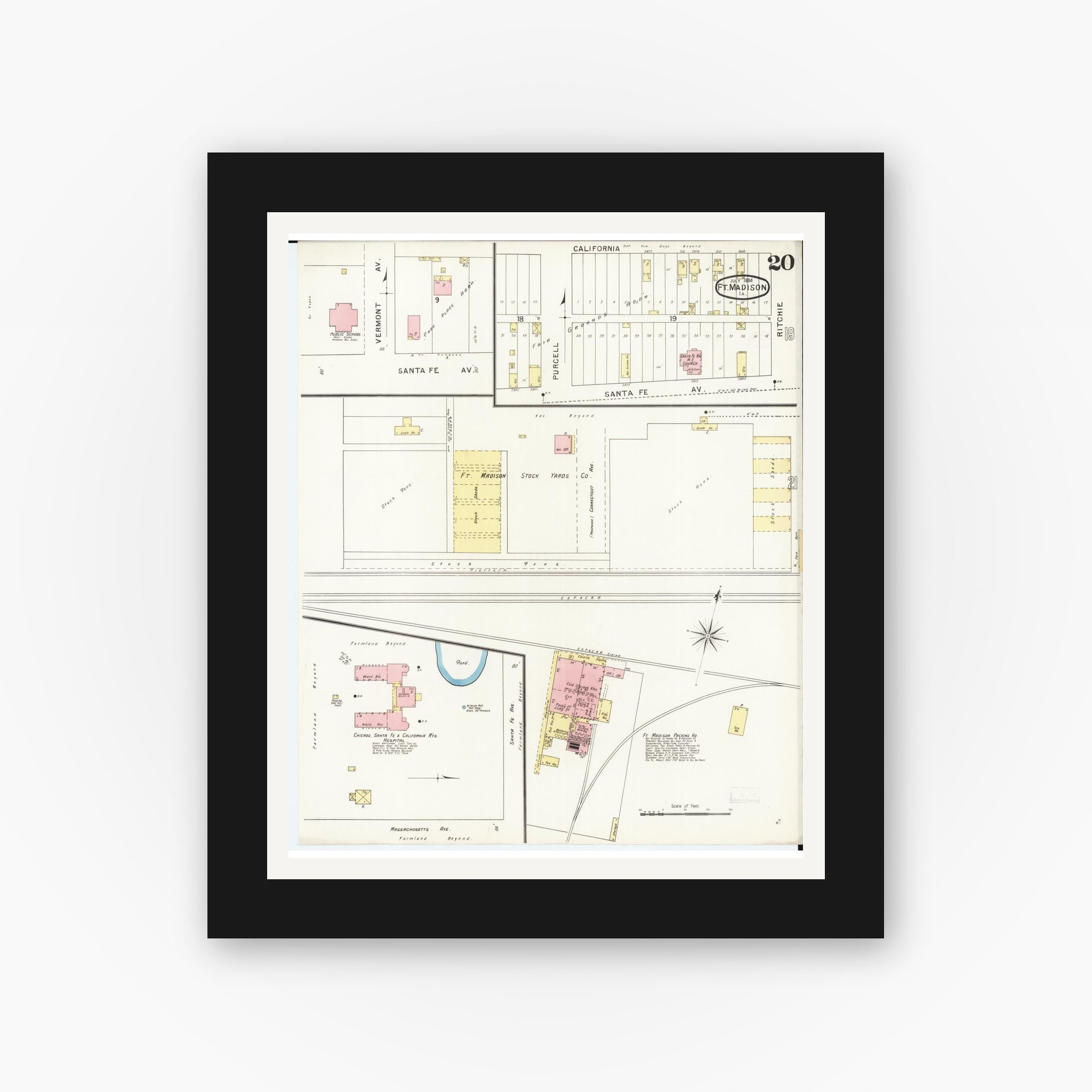 Old map wall art mockup — black gallery frame with white mat — Sanborn Fire Insurance Map from Fort Madison, Lee County, Iowa (1894), Sheet #0020