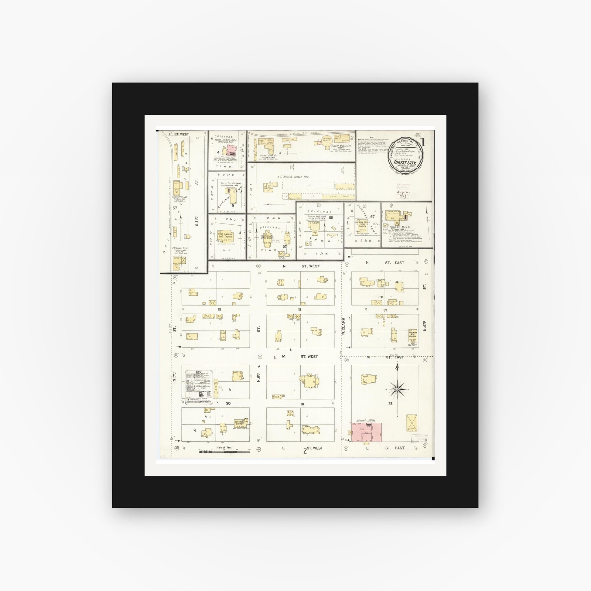 Old map wall art mockup — black gallery frame with white mat — Sanborn Fire Insurance Map from Forest City, Winnebago County, Iowa (1901) â€” Complete Set