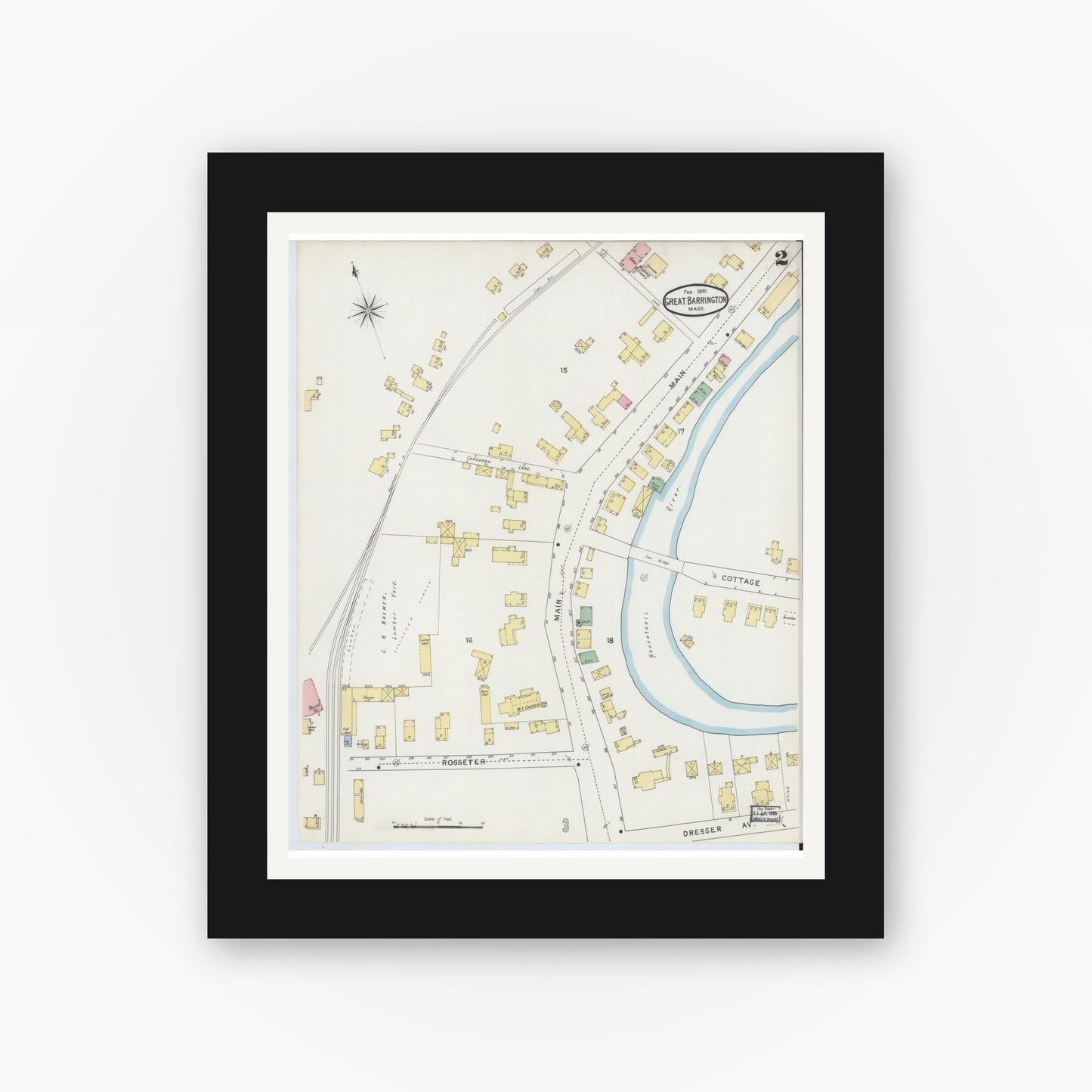 Old map wall art mockup — black gallery frame with white mat — Sanborn Fire Insurance Map from Great Barrington, Berkshire County, Massachusetts (1895), Sheet #0002