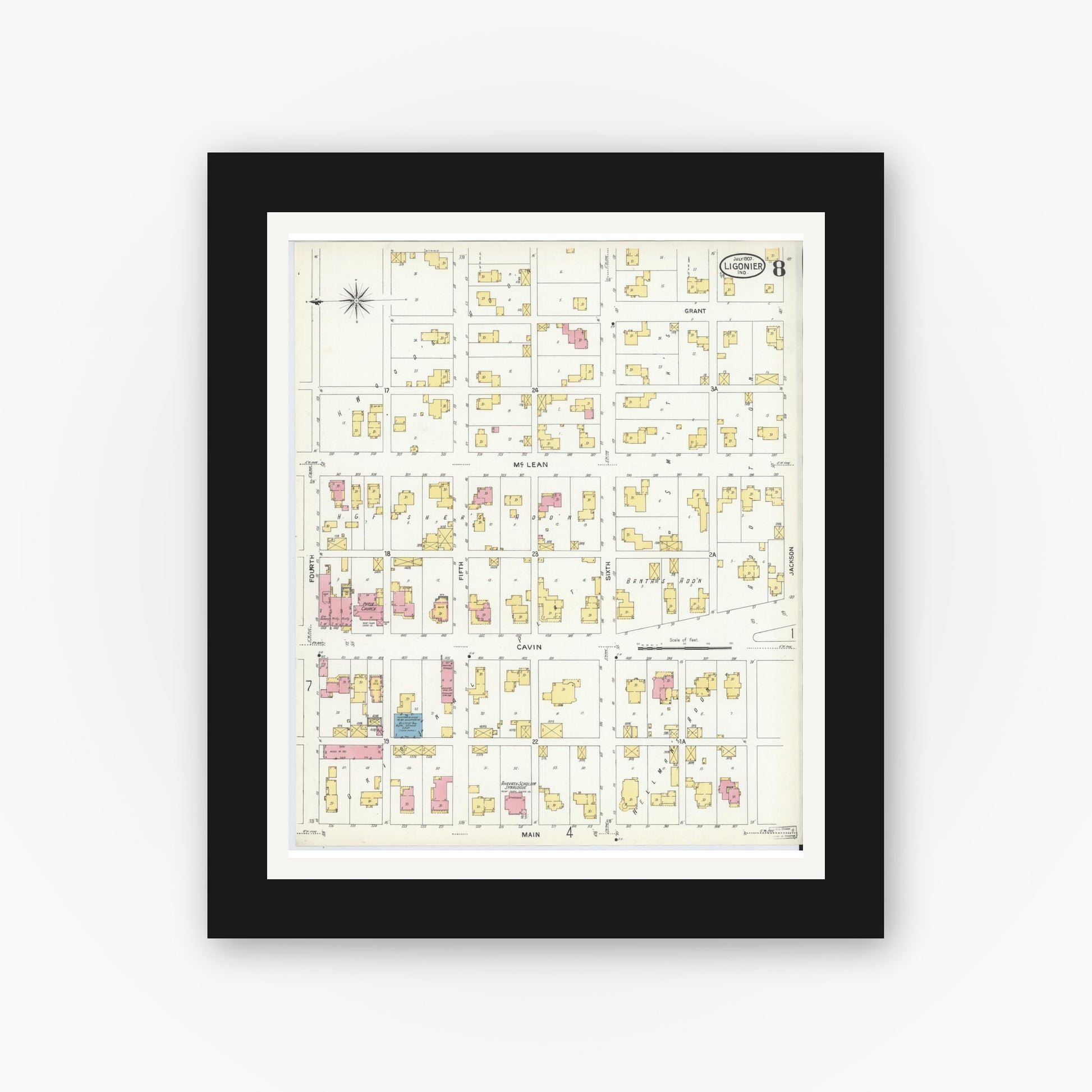 Old map wall art mockup — black gallery frame with white mat — Sanborn Fire Insurance Map from Ligonier, Noble County, Indiana (1907), Sheet #0008
