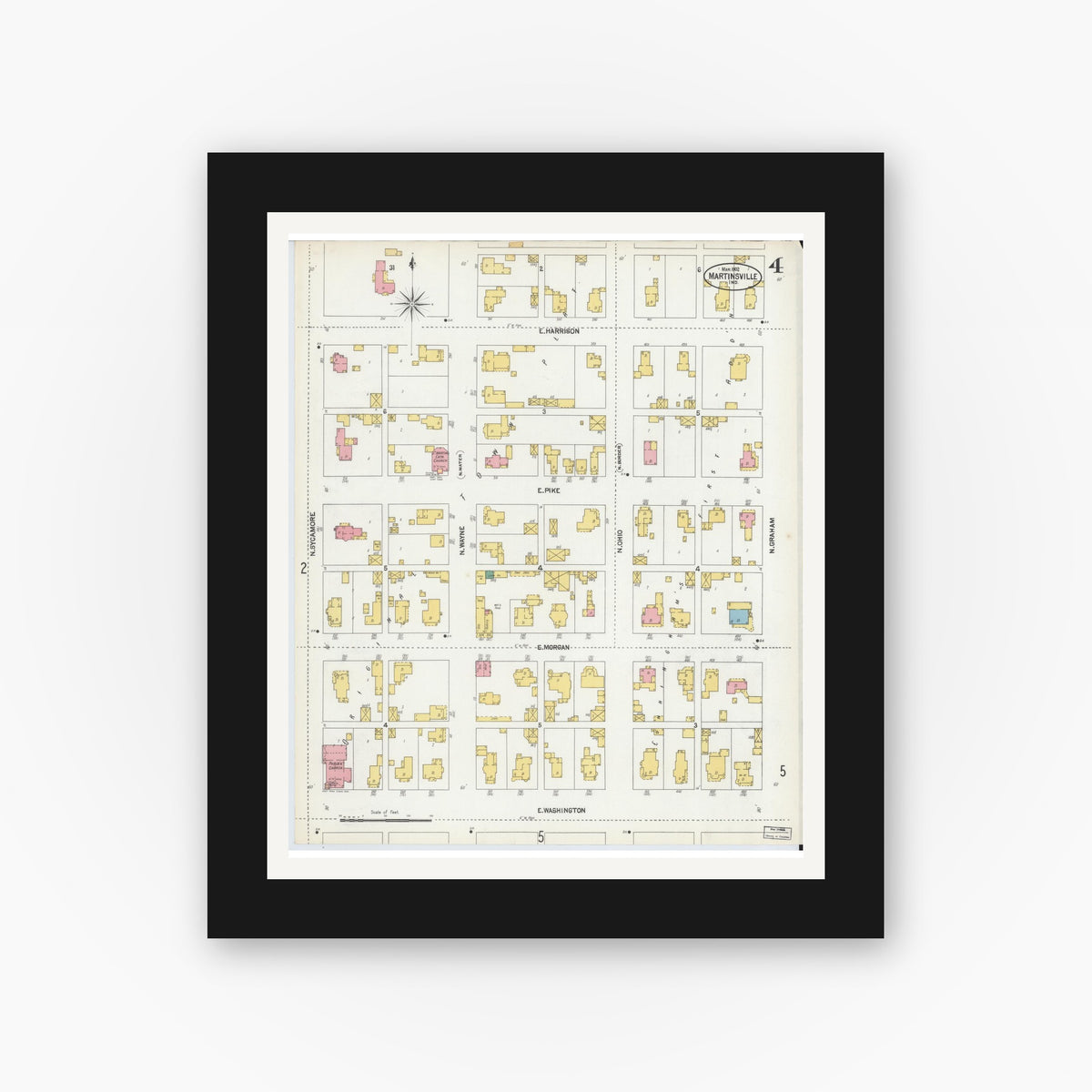 Old map wall art mockup — black gallery frame with white mat — Sanborn Fire Insurance Map from Martinsville, Morgan County, Indiana (1902), Sheet #0004