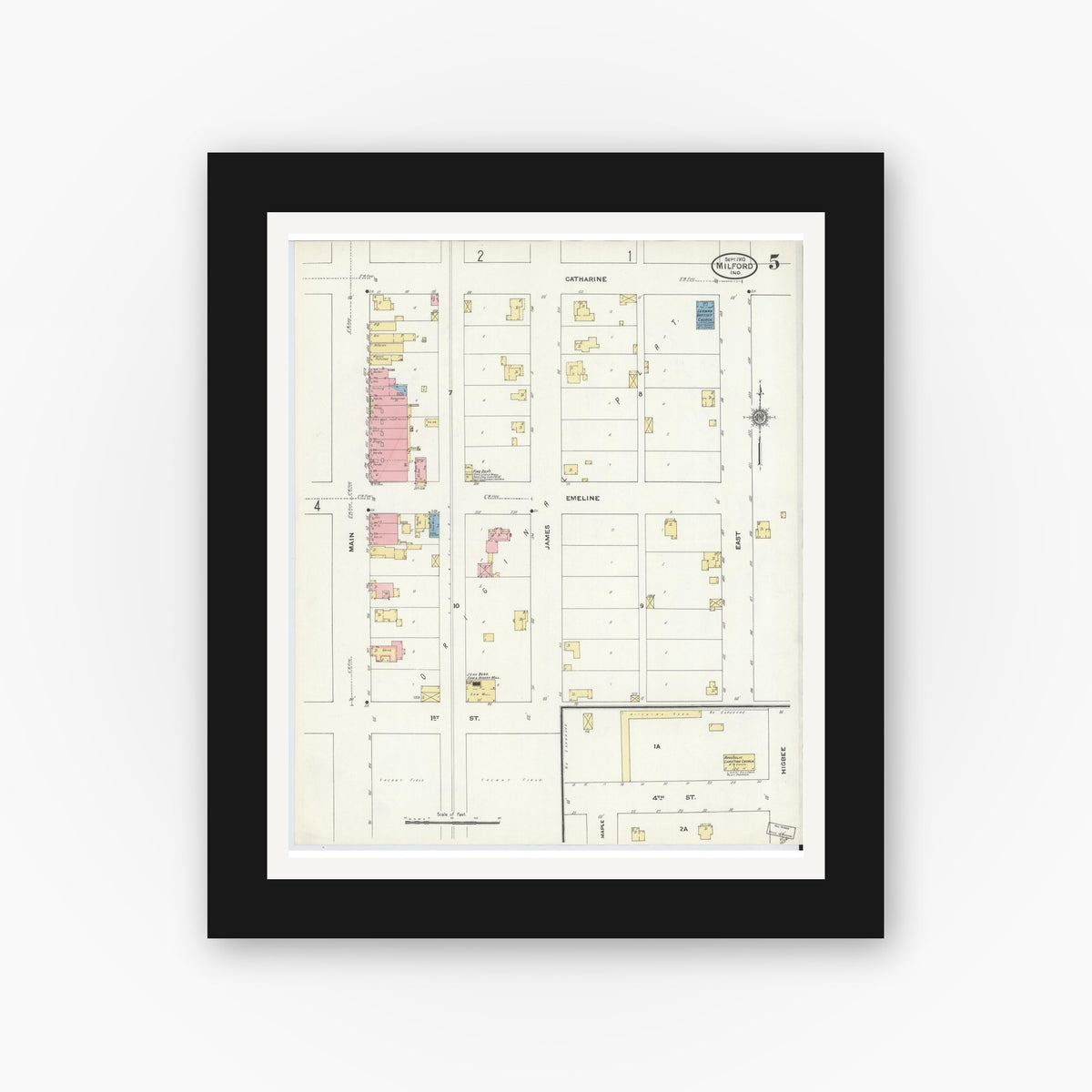 Old map wall art mockup — black gallery frame with white mat — Sanborn Fire Insurance Map from Milford, Kosciusko County, Indiana (1910), Sheet #0005