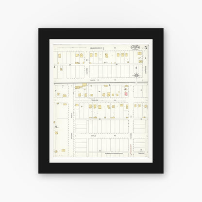 Old map wall art mockup — black gallery frame with white mat — Sanborn Fire Insurance Map from Fullerton, Orange County, California (1907), Sheet #0005