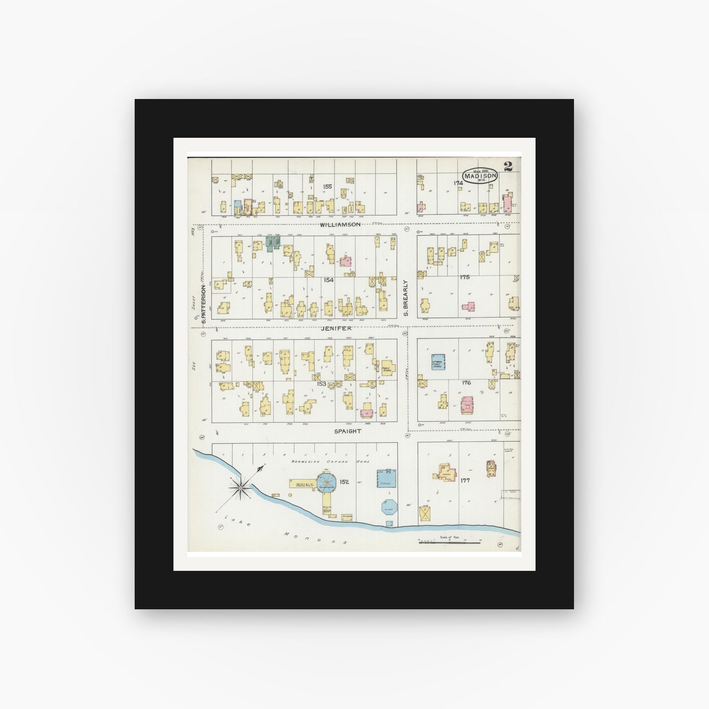 Old map wall art mockup — black gallery frame with white mat — Sanborn Fire Insurance Map from Madison, Dane County, Wisconsin (1892), Sheet #0002