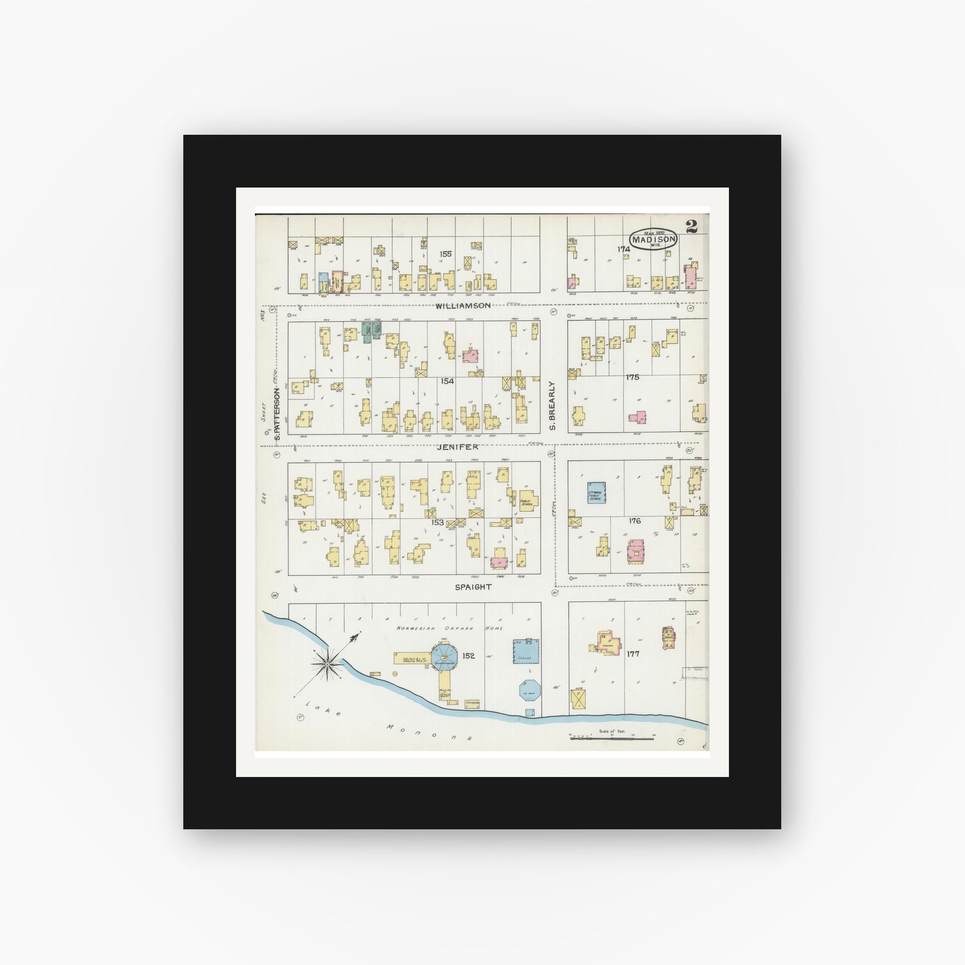 Old map wall art mockup — black gallery frame with white mat — Sanborn Fire Insurance Map from Madison, Dane County, Wisconsin (1892), Sheet #0002
