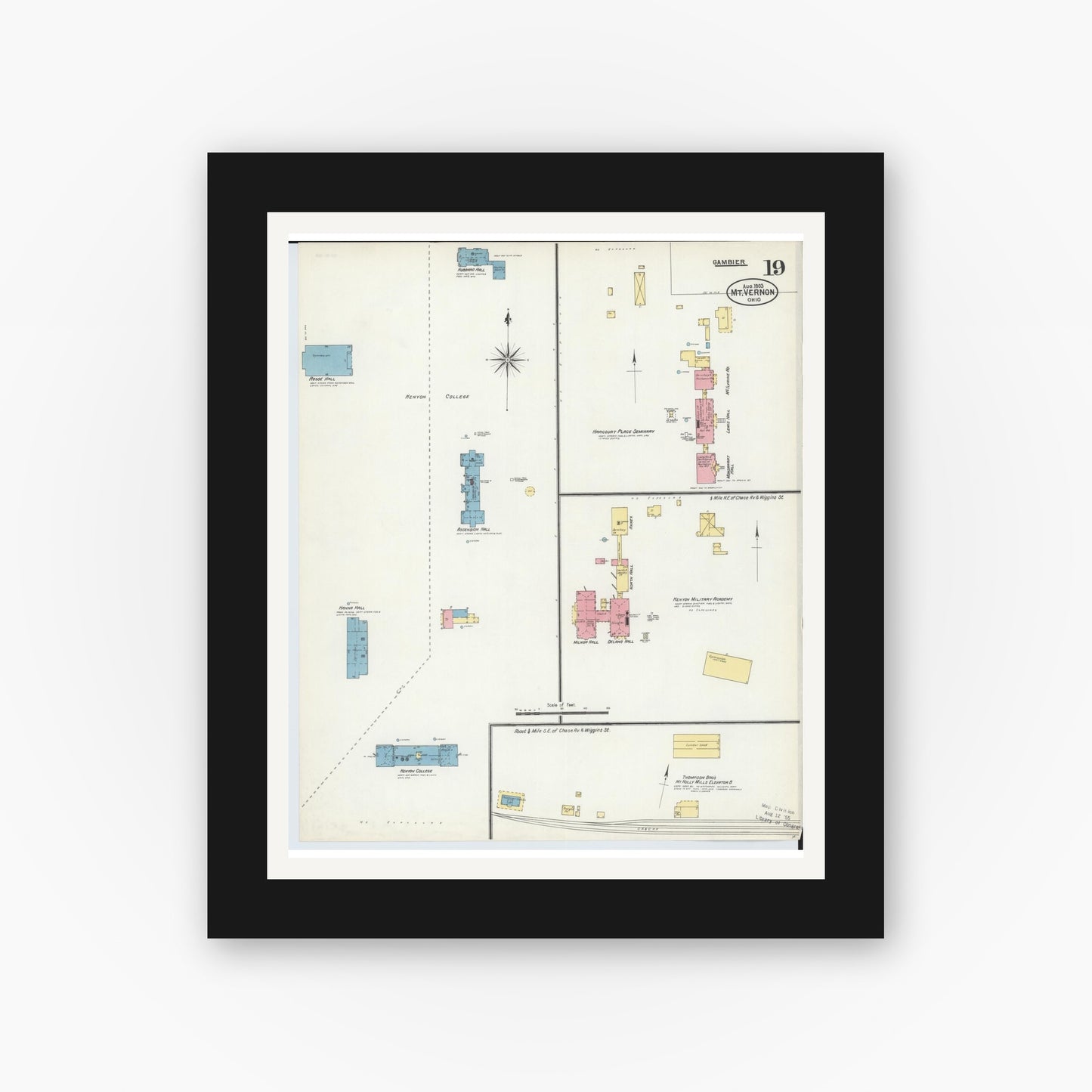 Old map wall art mockup — black gallery frame with white mat — Sanborn Fire Insurance Map from Mount Vernon, Knox County, Ohio (1903), Sheet #0019