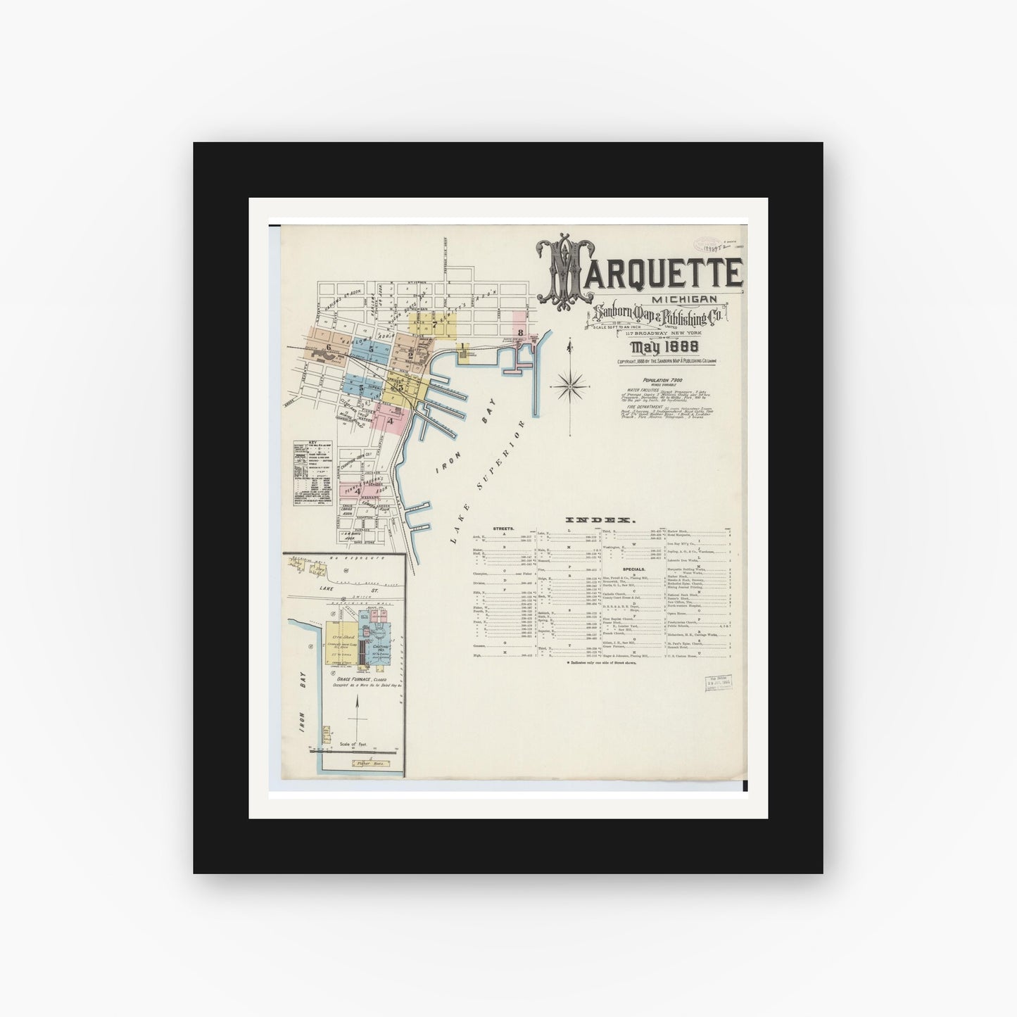 Old map wall art mockup — black gallery frame with white mat — Sanborn Fire Insurance Map from Marquette, Marquette County, Michigan (1888) - Complete Map Set