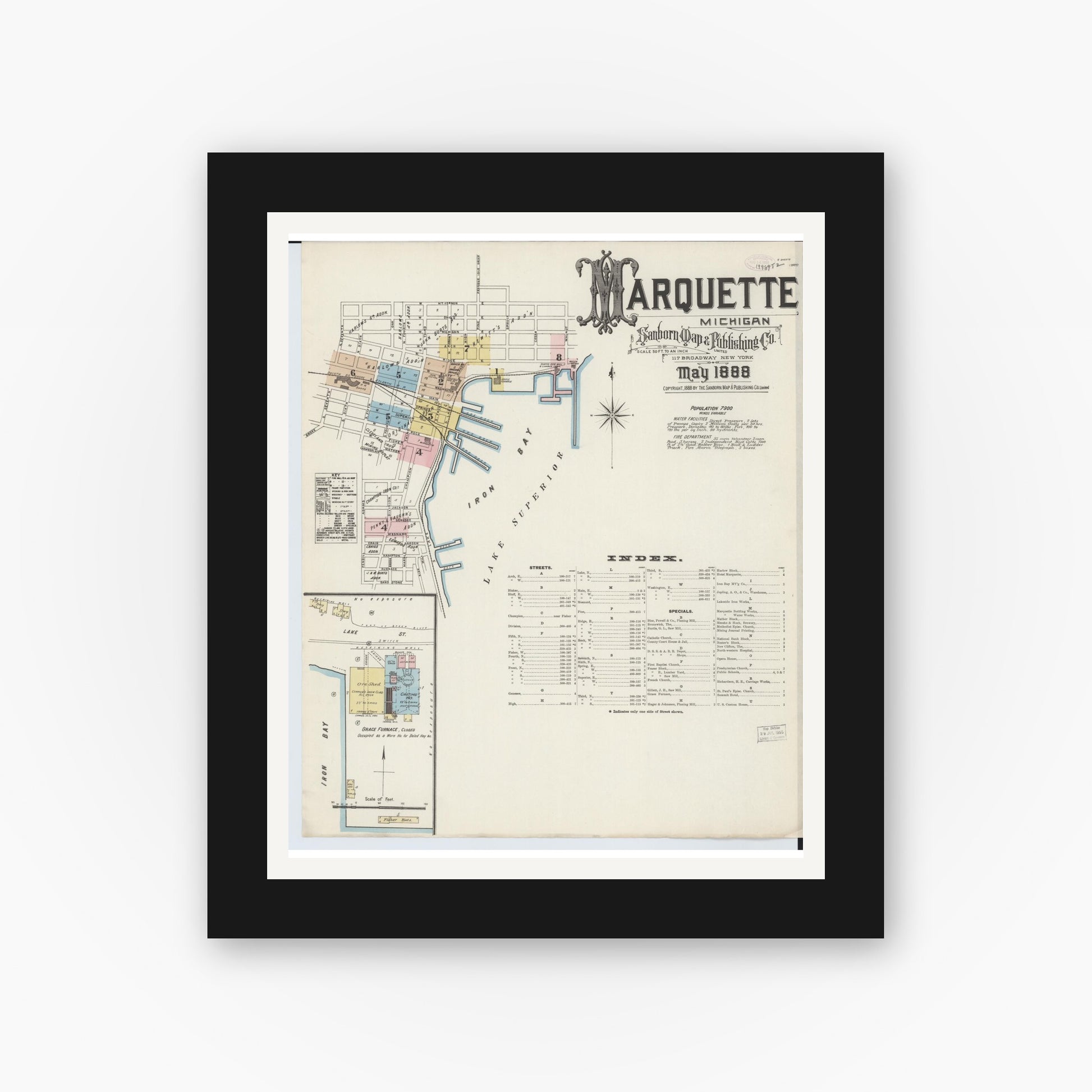 Old map wall art mockup — black gallery frame with white mat — Sanborn Fire Insurance Map from Marquette, Marquette County, Michigan (1888) - Complete Map Set