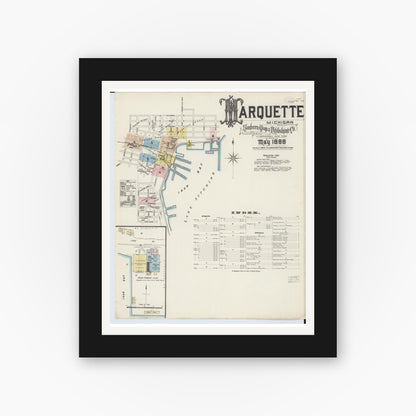 Old map wall art mockup — black gallery frame with white mat — Sanborn Fire Insurance Map from Marquette, Marquette County, Michigan (1888) - Complete Map Set
