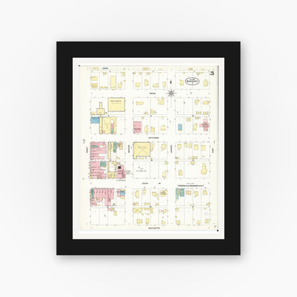 Old map wall art mockup — black gallery frame with white mat — Sanborn Fire Insurance Map from Winterset, Madison County, Iowa (1907), Sheet #0003