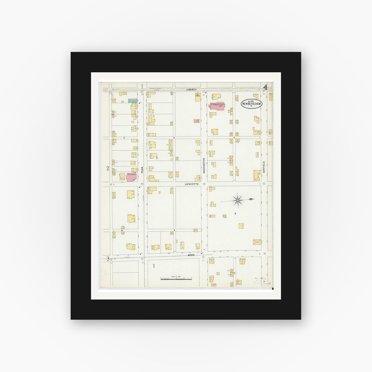 Old map wall art mockup — black gallery frame with white mat — Sanborn Fire Insurance Map from New Bethlehem, Clarion County, Pennsylvania (1899), Sheet #0004