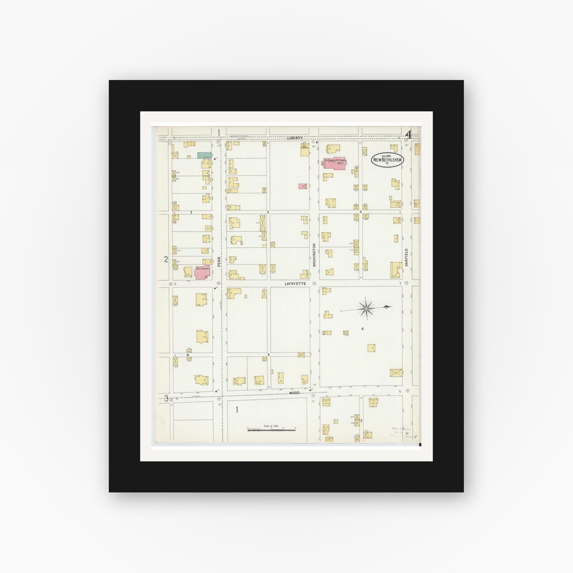 Old map wall art mockup — black gallery frame with white mat — Sanborn Fire Insurance Map from New Bethlehem, Clarion County, Pennsylvania (1899), Sheet #0004