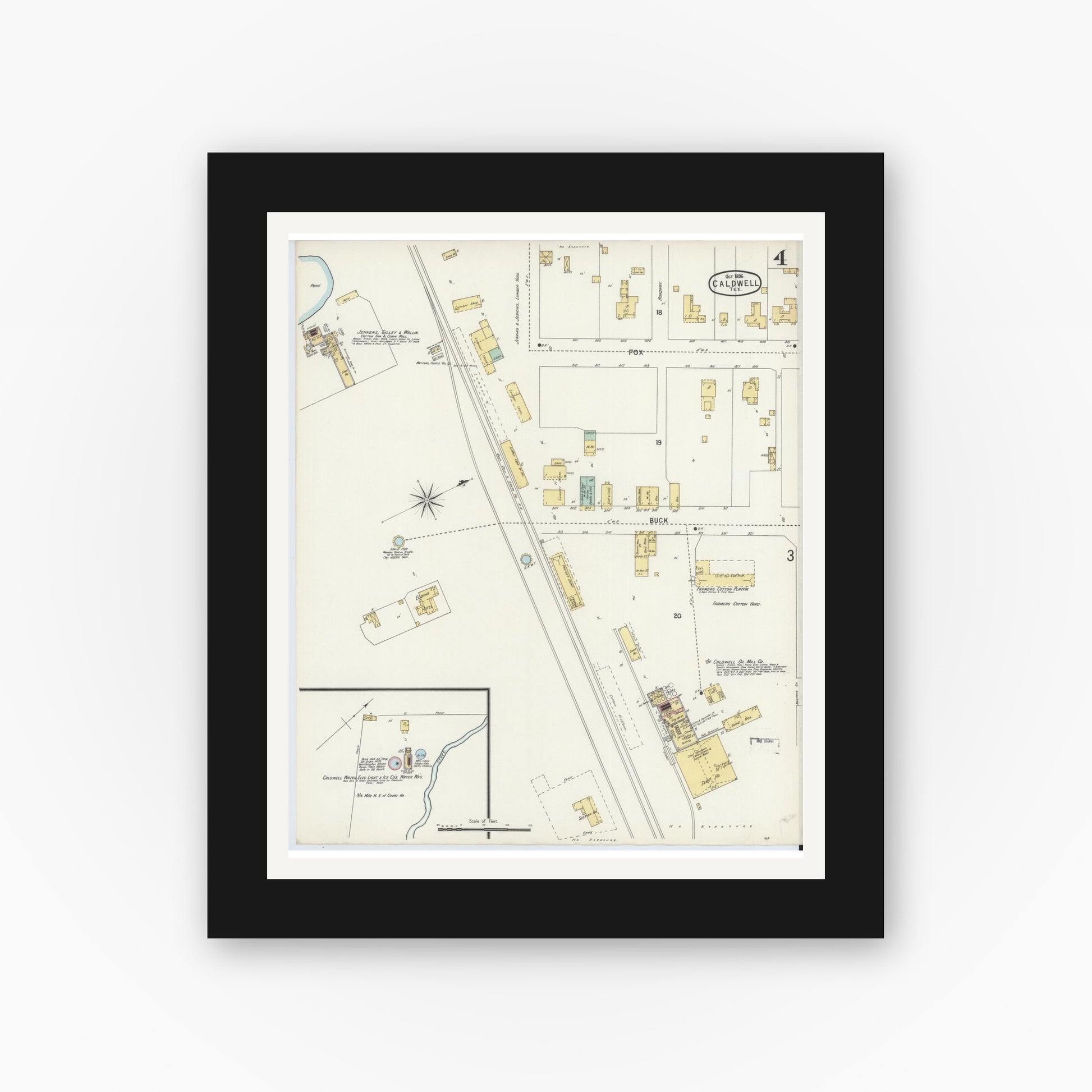 Old map wall art mockup — black gallery frame with white mat — Sanborn Fire Insurance Map from Caldwell, Burleson County, Texas (1896), Sheet #0004