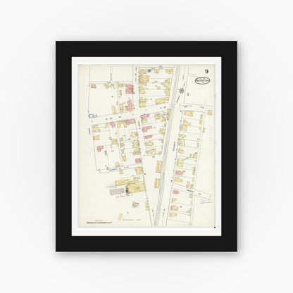 Old map wall art mockup — black gallery frame with white mat — Sanborn Fire Insurance Map from Watsontown, Northumberland County, Pennsylvania (1912), Sheet #0009