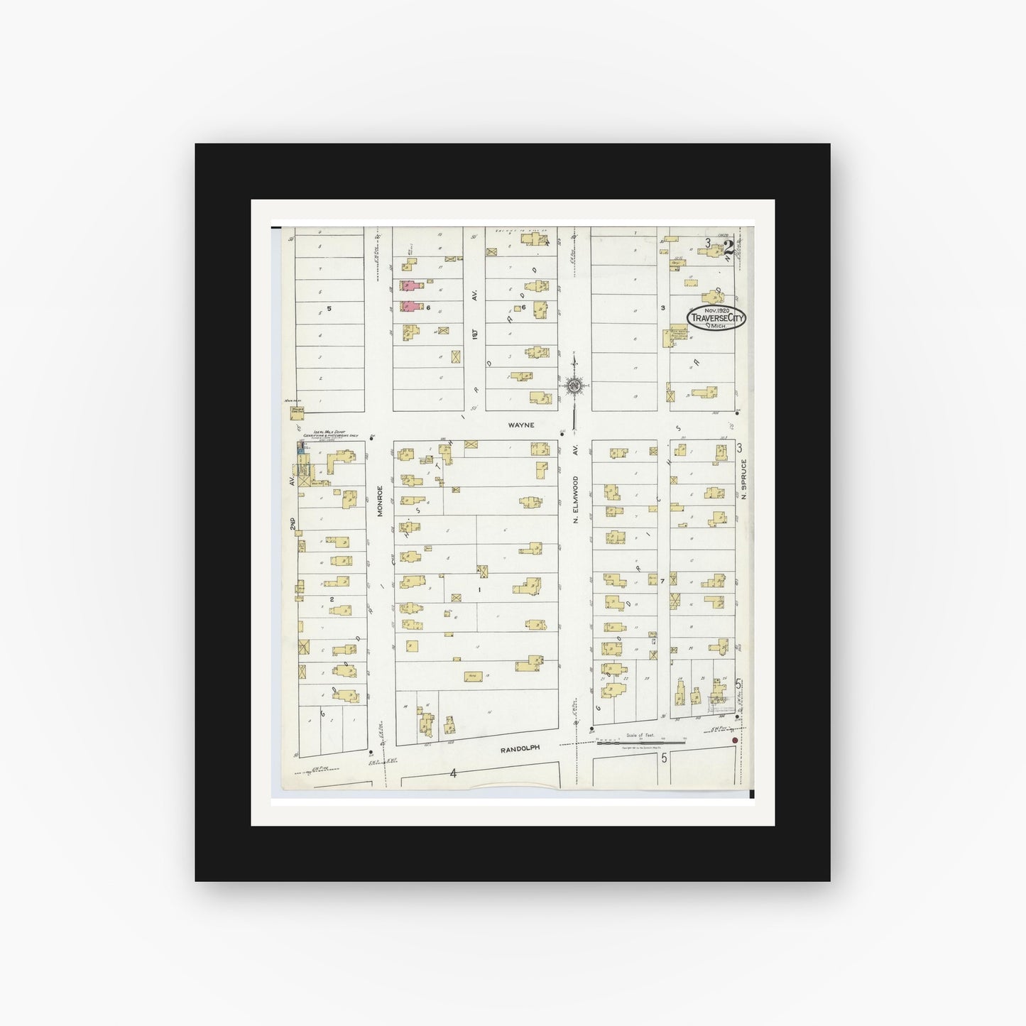 Old map wall art mockup — black gallery frame with white mat — Sanborn Fire Insurance Map from Traverse City, Grand Traverse County, Michigan (1920), Sheet #0002