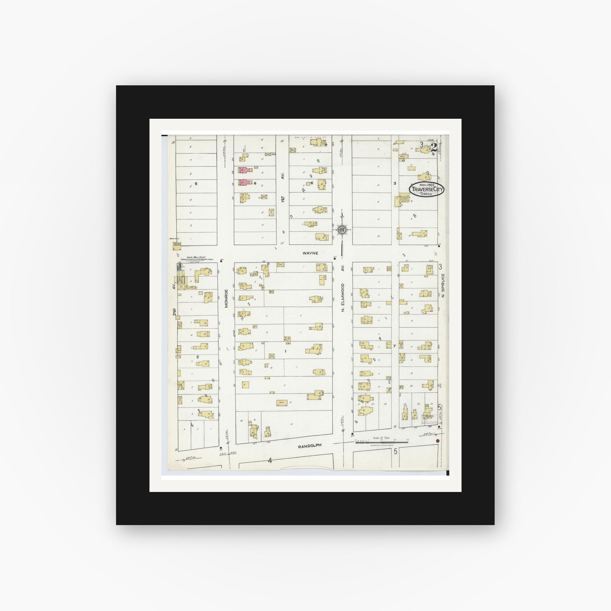 Old map wall art mockup — black gallery frame with white mat — Sanborn Fire Insurance Map from Traverse City, Grand Traverse County, Michigan (1920), Sheet #0002