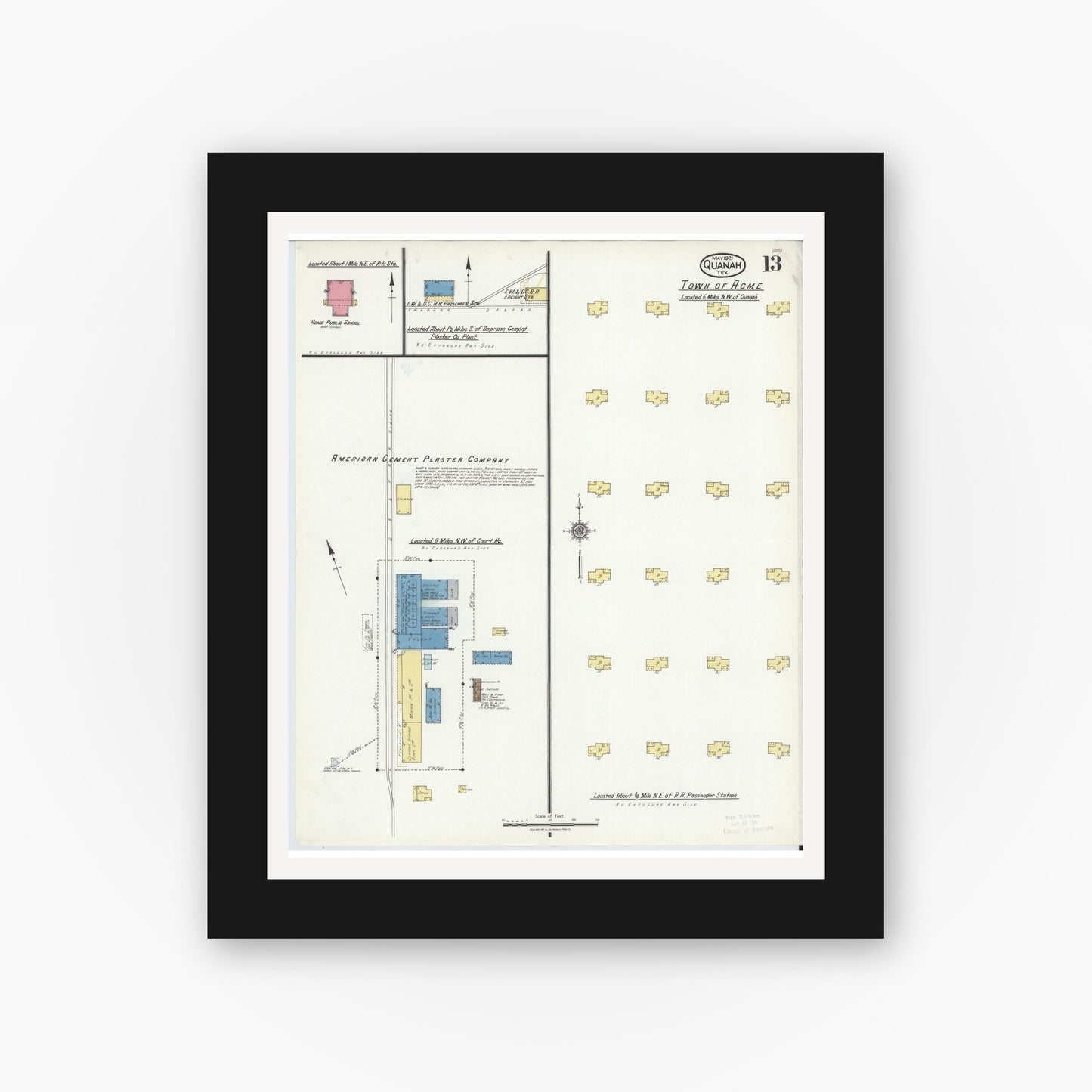 Old map wall art mockup — black gallery frame with white mat — Sanborn Fire Insurance Map from Quanah, Hardeman County, Texas (1921), Sheet #0013