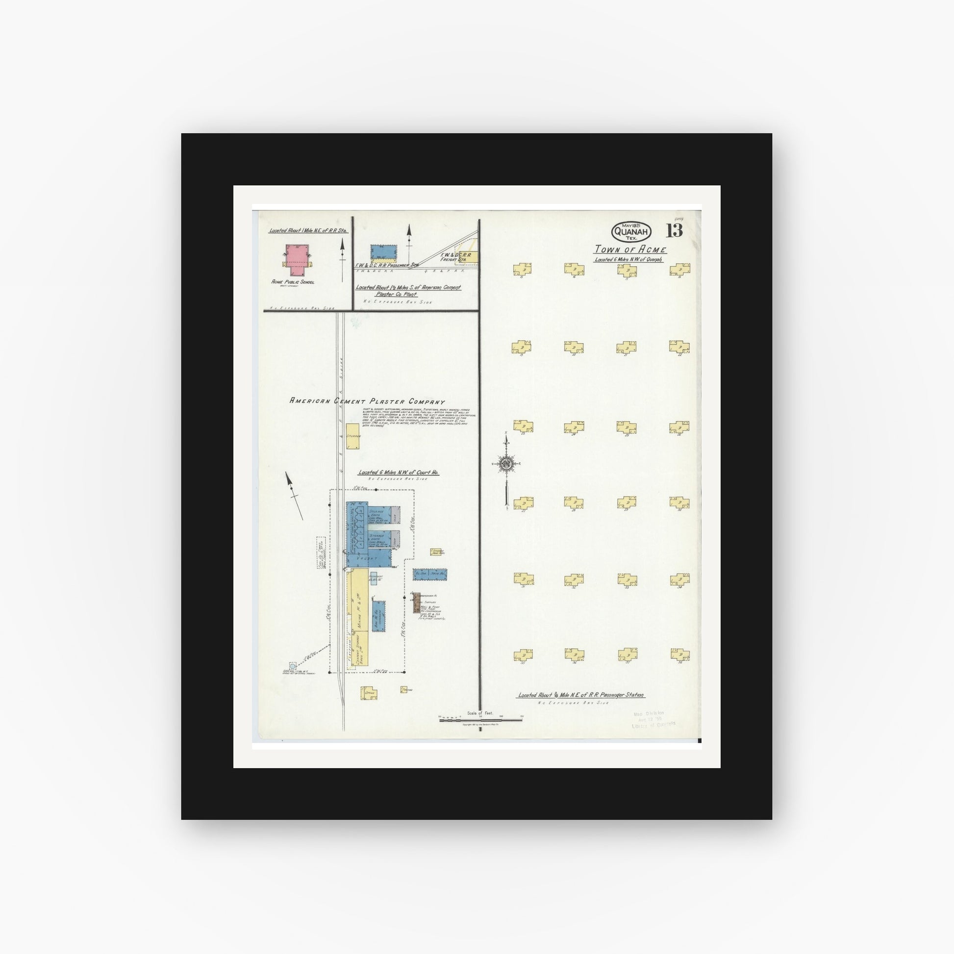 Old map wall art mockup — black gallery frame with white mat — Sanborn Fire Insurance Map from Quanah, Hardeman County, Texas (1921), Sheet #0013
